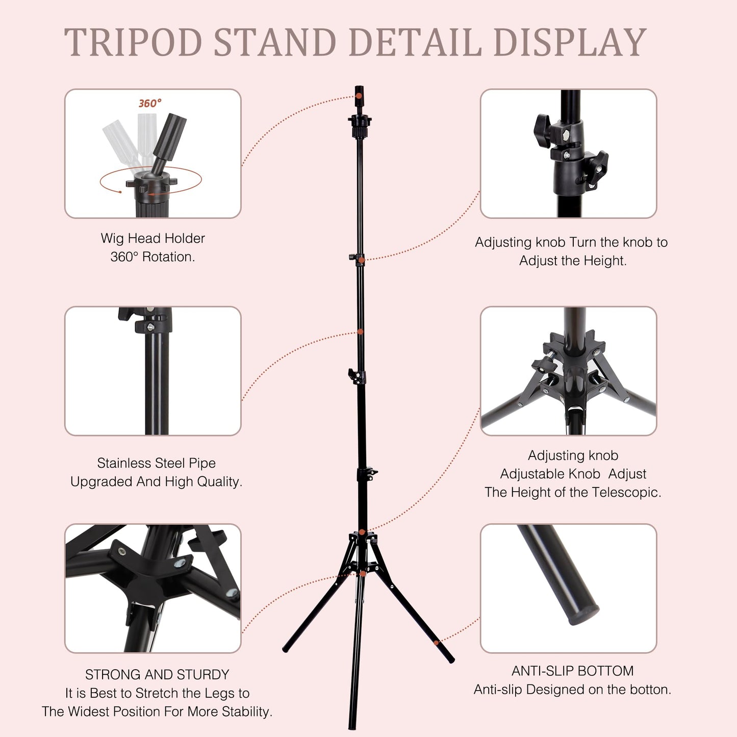 Misty Rose Demides 22'' Canvas Wig Head with 61'' Adjustable Tripod Stand, Mannequin Head Set for Styling, Display – Includes Caps, Elastic Bands, Stand & Tool Kit for Beginners and Professionals