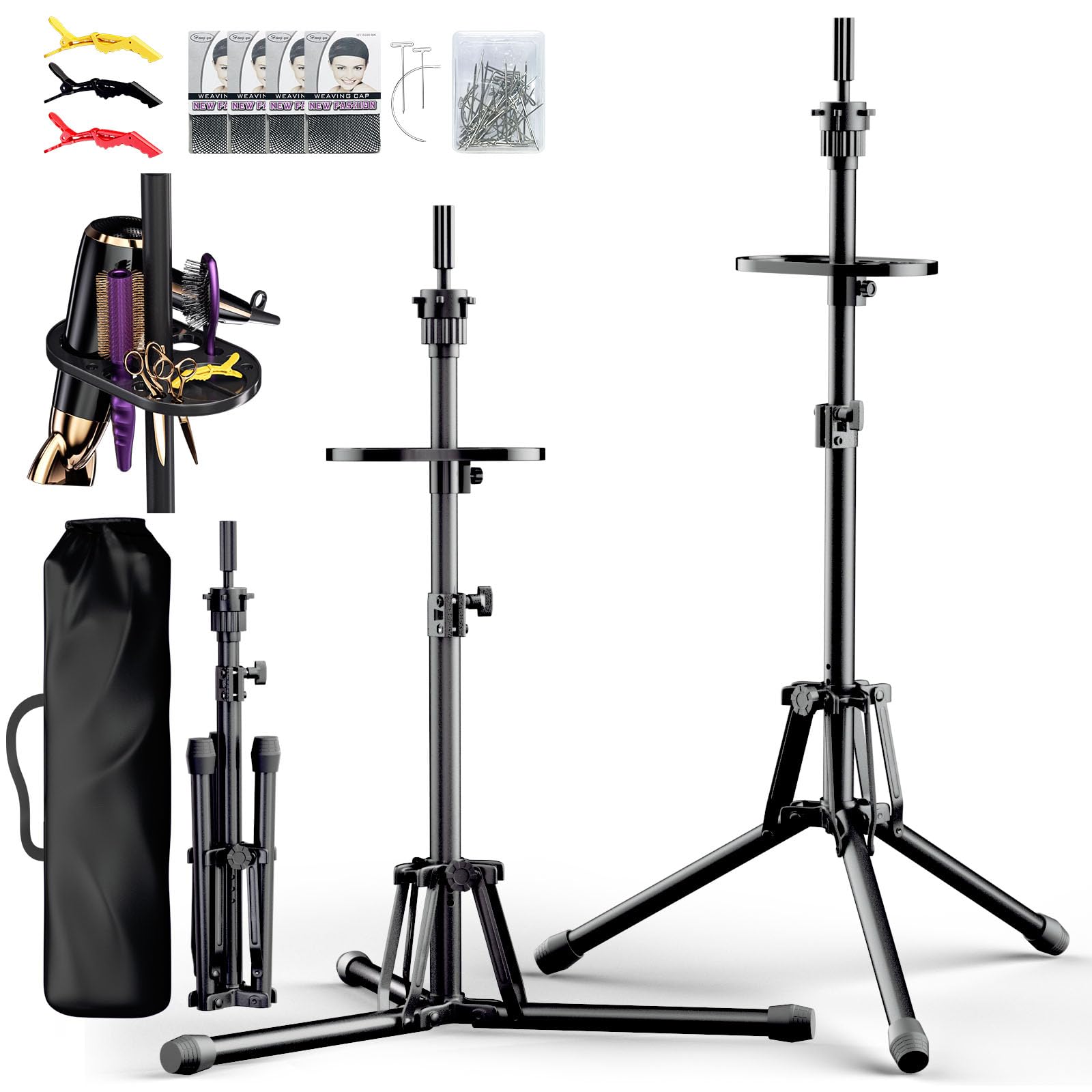 White Smoke GSOW Wig Stand Tripod - Reinforced Metal Mannequin Head Stand with Tool Tray, Adjustable Height 31" - 57" Wig Head Stand for Styling Cosmetology Hairdressing Training with Wig Caps T-Pins Hair Clips