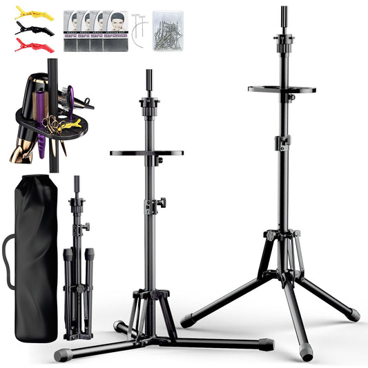 White Smoke GSOW Wig Stand Tripod - Reinforced Metal Mannequin Head Stand with Tool Tray, Adjustable Height 31" - 57" Wig Head Stand for Styling Cosmetology Hairdressing Training with Wig Caps T-Pins Hair Clips