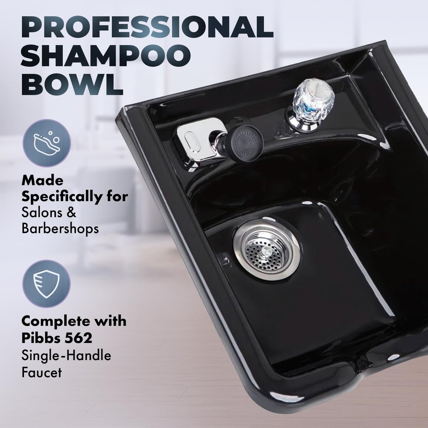 Black Pibbs 5350 Professional Salon Shampoo Bowl - Durable ABS Plastic with Pibbs 562 Single-Handle Faucet, Stain-Resistant, Includes Spray Hose & Installation Hardware, 19"x18.75"x9", Black, PIB-5350