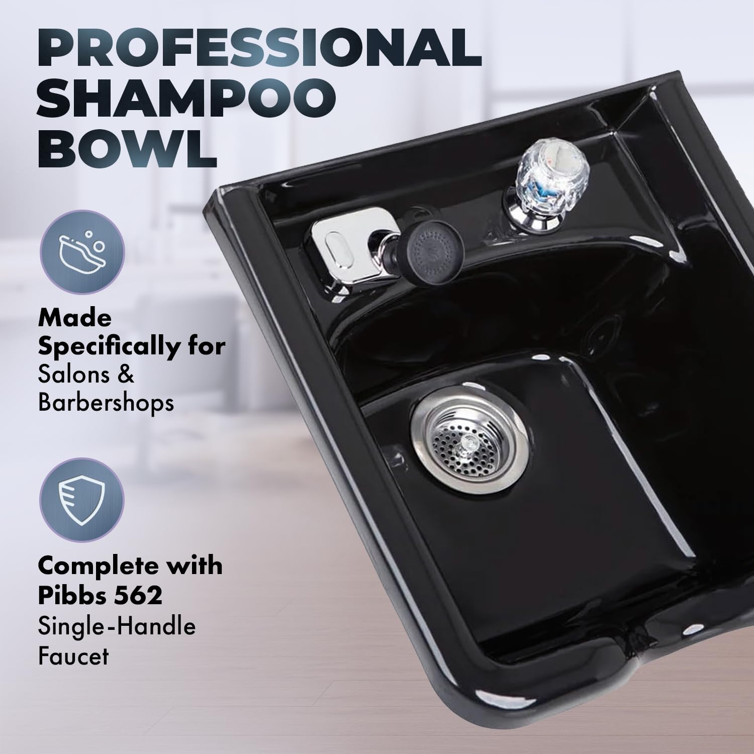 Black Pibbs 5350 Professional Salon Shampoo Bowl - Durable ABS Plastic with Pibbs 562 Single-Handle Faucet, Stain-Resistant, Includes Spray Hose & Installation Hardware, 19"x18.75"x9", Black, PIB-5350