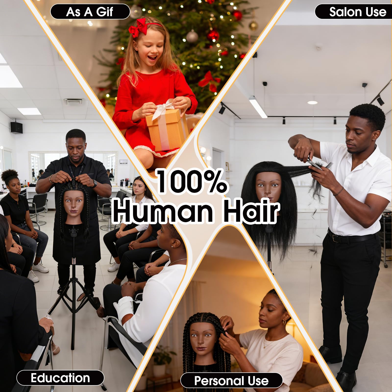 Gray 18 Inch 100% Real Human Hair Mannequin Head, Cosmetology Manikin Head Training Doll Head for Hair Styling, Braiding, Curling Practice, with Table Clamp Holder & Complete Styling Tools Kit(Black)