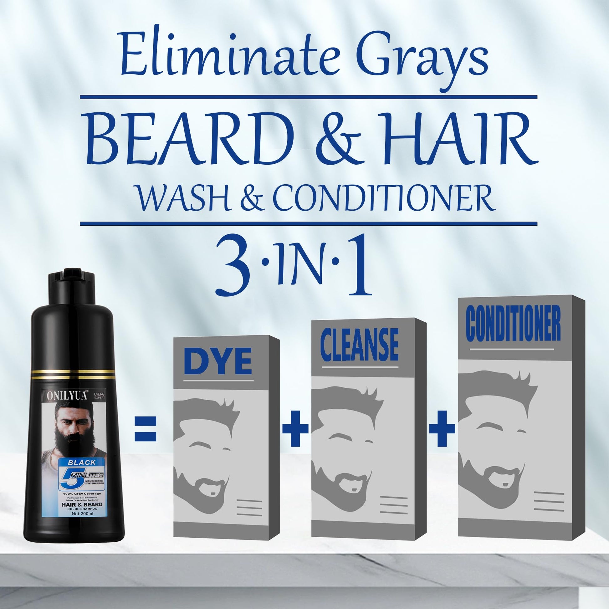 Alice Blue Men's Long-Lasting Black Hair Dye & Root Touch Up for Gray Coverage - 5 Minute Natural Beard & Mustache Coloring Shampoo 3-in-1