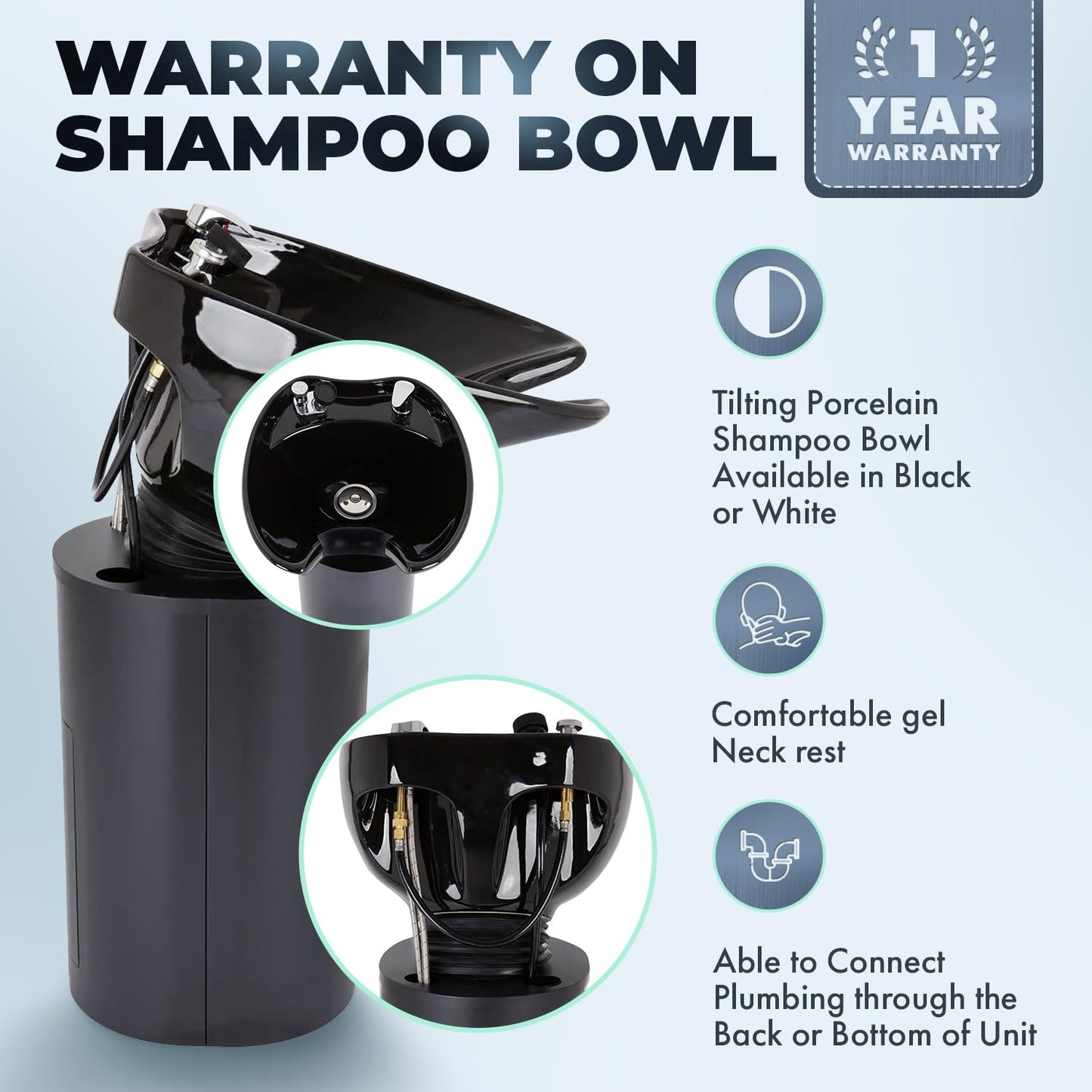 Lavender Buy-Rite Paris Pedestal Shampoo Unit - Tilting Porcelain Bowl with Black Metal Base, Silicone Neckrest, Rear Plumbing Access Door, Complete Hardware & Vacuum Breaker Included, NIN-030BLACKBASE-BLK