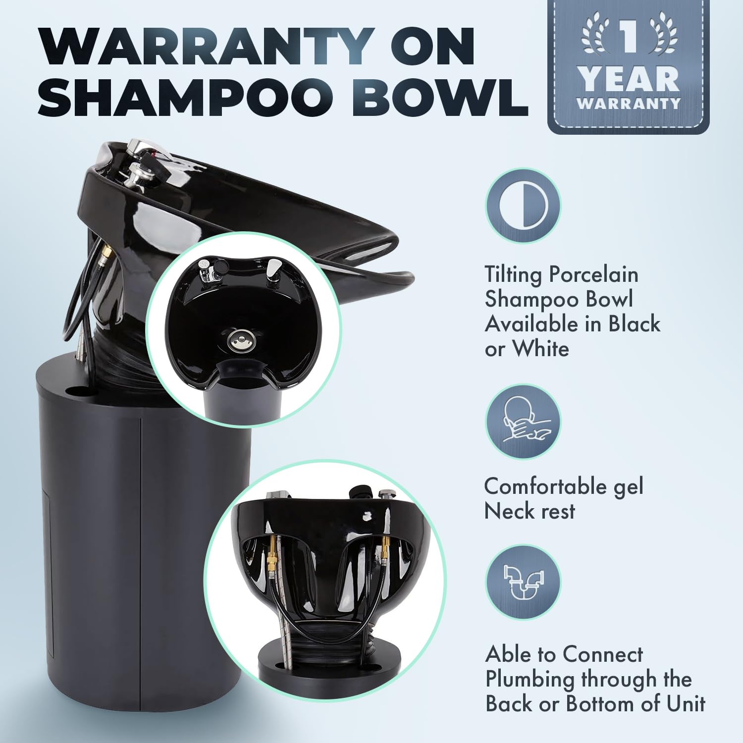 Lavender Buy-Rite Paris Pedestal Shampoo Unit - Tilting Porcelain Bowl with Black Metal Base, Silicone Neckrest, Rear Plumbing Access Door, Complete Hardware & Vacuum Breaker Included, NIN-030BLACKBASE-BLK