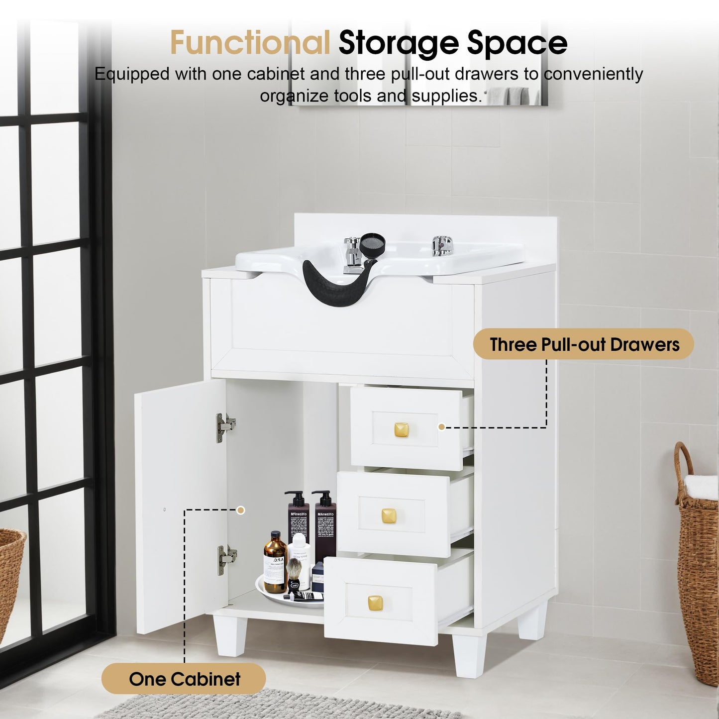 Gray BarberPub Barber Storage Shampoo Station, Spa Textured Embossed Cabinet with Shampoo Bowl & Drawers, Hair Salon Sink Backwash Equipment 7131 (All White)