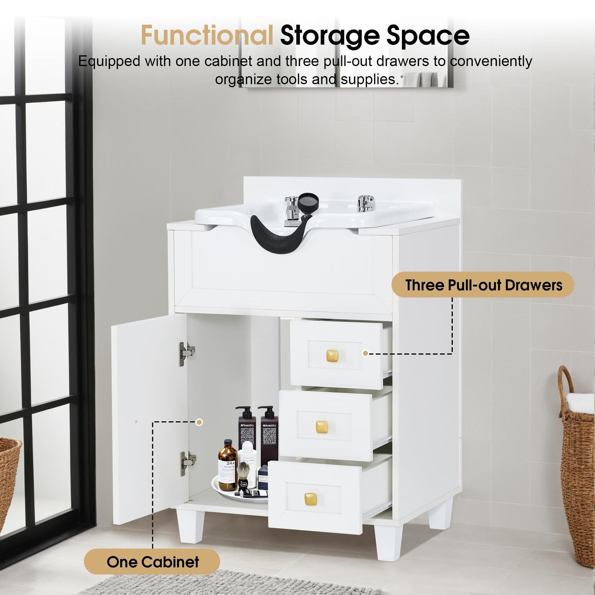 Gray BarberPub Barber Storage Shampoo Station, Spa Textured Embossed Cabinet with Shampoo Bowl & Drawers, Hair Salon Sink Backwash Equipment 7131 (All White)