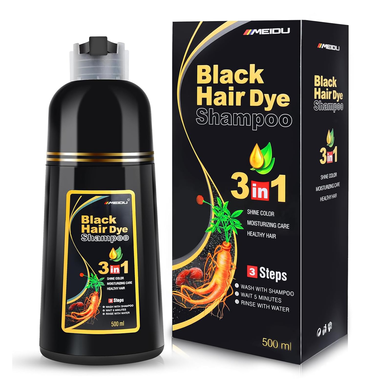 White Smoke IIIMEIDU Black Hair Dye Shampoo 3 in 1 for Gray Hair, Herbal Ingredients Shampoo Black Hair Dye for Women Men, Grey Coverage Shampoo 500ml
