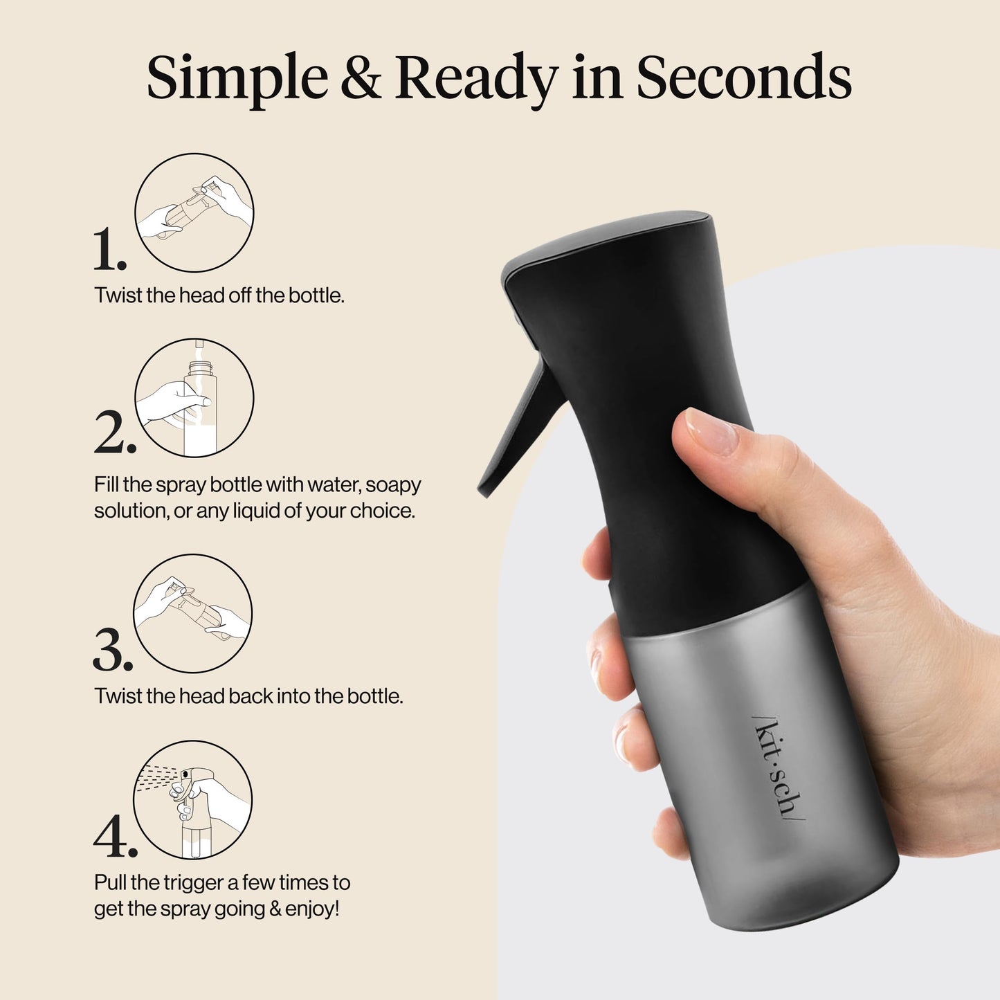 Antique White Kitsch Continuous Spray Bottle for Hair – Fine Mist Water Mister & Water Spray Bottle – Recycled Hair Spray Bottle – Spray Bottles for Cleaning, Styling, Plants & More – Black, 150ml