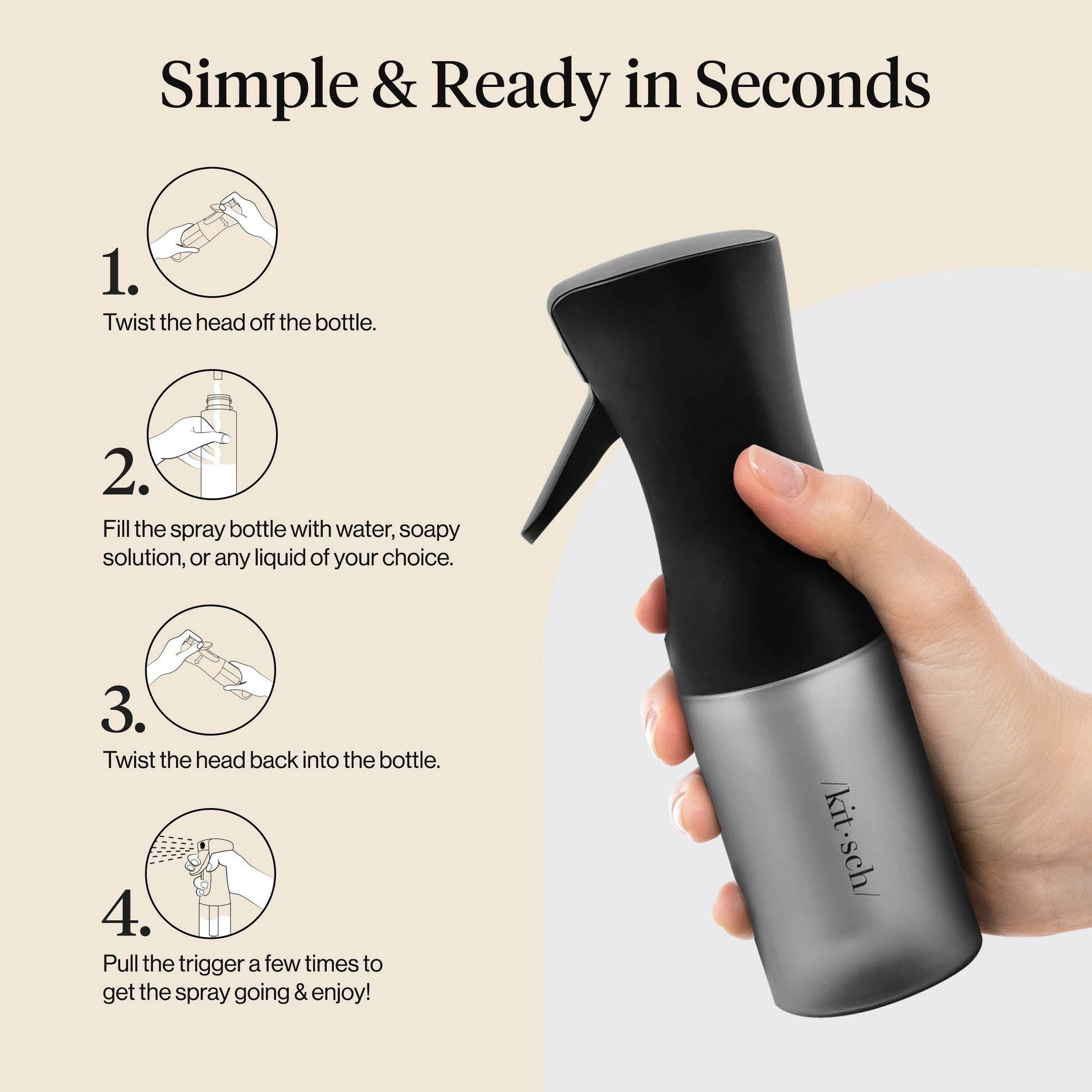 Antique White Kitsch Continuous Spray Bottle for Hair – Fine Mist Water Mister & Water Spray Bottle – Recycled Hair Spray Bottle – Spray Bottles for Cleaning, Styling, Plants & More – Black, 150ml