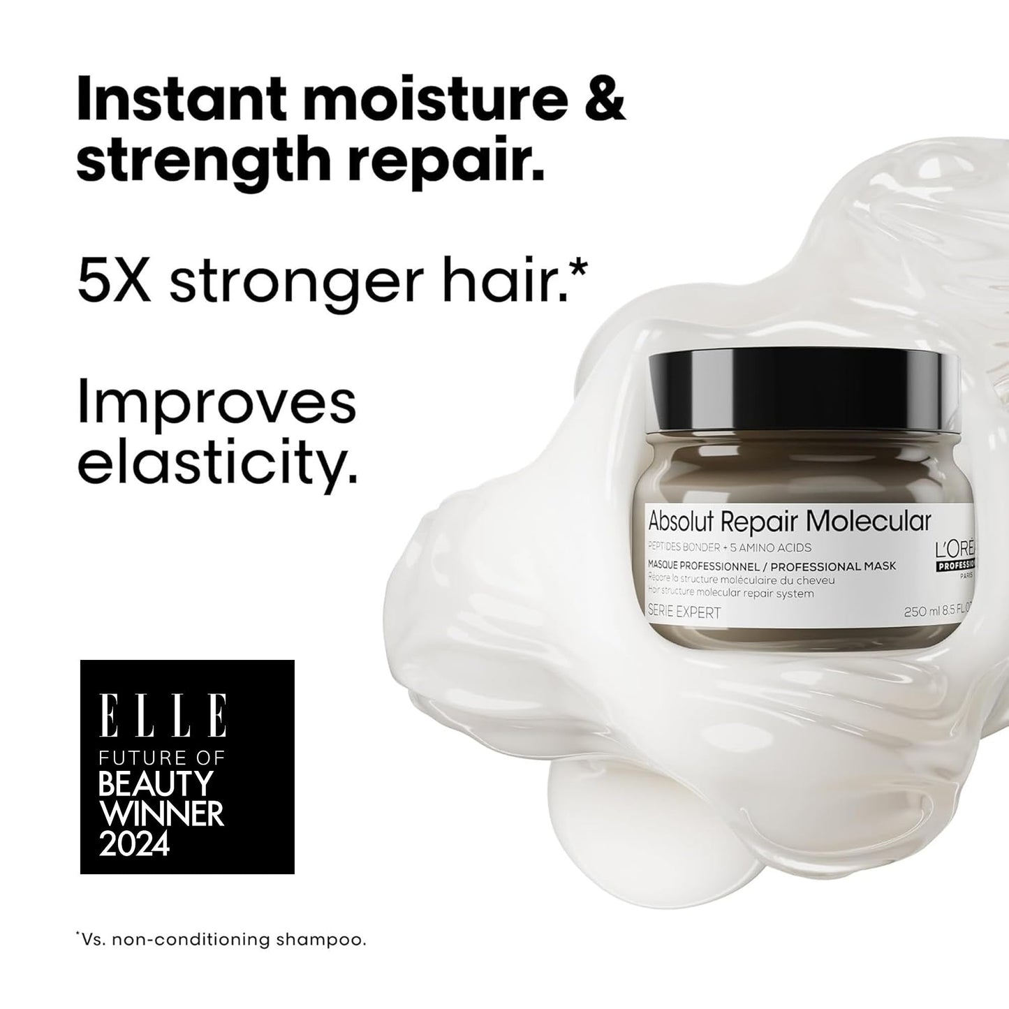 White Smoke L'Oréal Professionnel Paris Absolut Repair Molecular Hair Mask - Repairs Damage & Restores Strength For Extremely Dry Damaged Hair, Extra Detangling & Hydration, Peptides Bonder