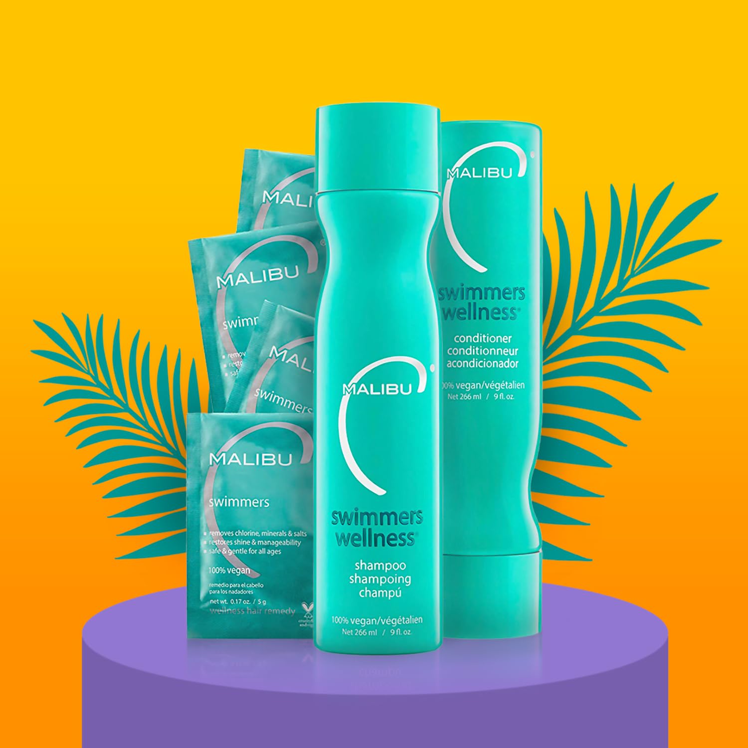 Gold Malibu C Swimmers Wellness Shampoo and Conditioner + Hair Mask Summer Essentials Kit - Adults & Kids Clarifying, Moisturizing, Shine Restoring Hair Care - Protects from Pool Chlorine & Copper, 6 Ct