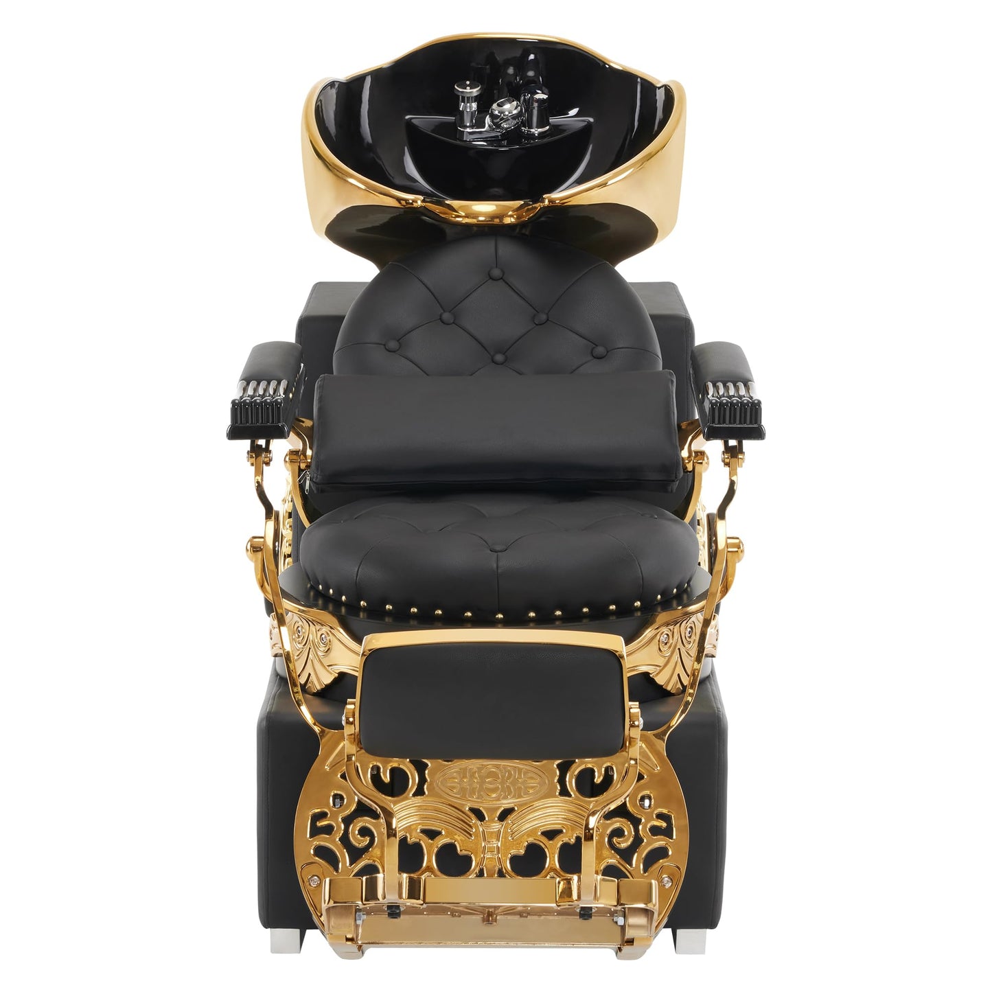 White Smoke BarberPub Backwash Shampoo Station Chair, Retro Adjustable Porcelain Ceramic Hair Wash Bowl Unit Station, Shampoo Barber Chair with Vacuum Breaker for Spa Beauty Salon 8610 (Black&Gold)