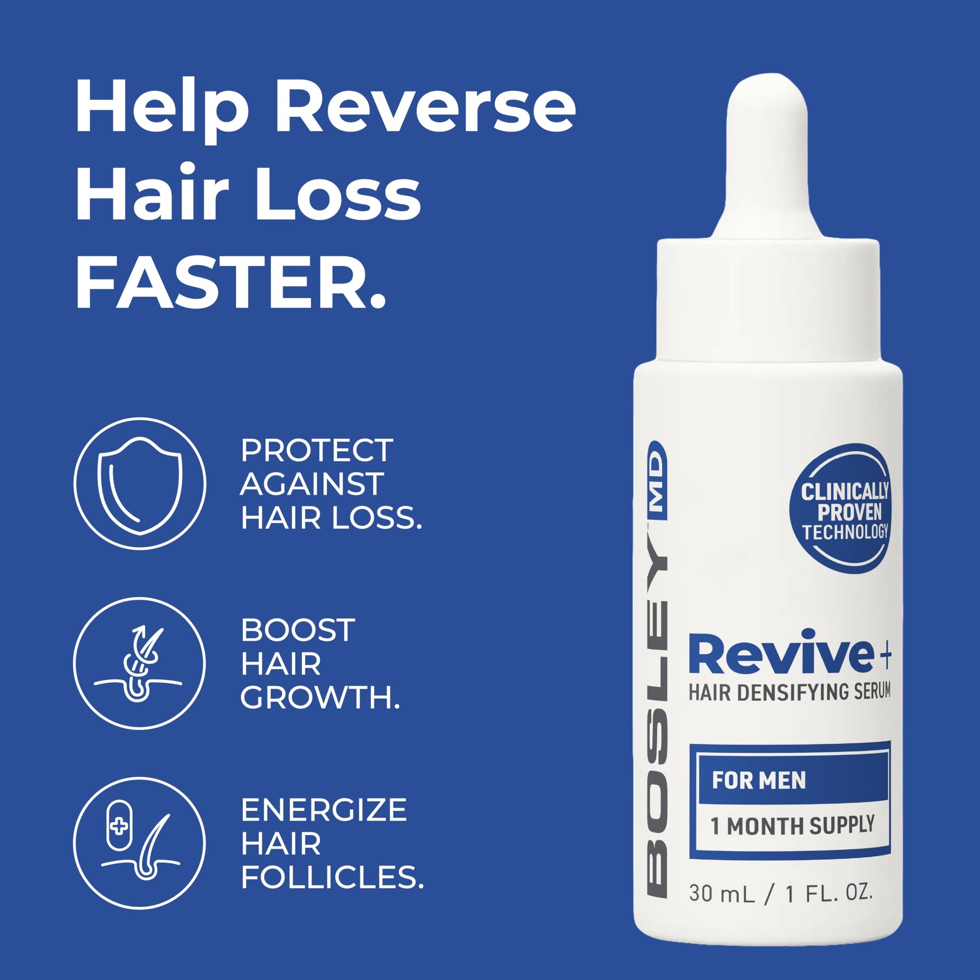 Dark Slate Blue Bosley Revive+ Densifying Serum for Men – Drug-Free Hair Regrowth Treatment – Biotin, Saw Palmetto, Pumpkin Seed, Y100 Botanical Compound – Thicker, Fuller Hair in 45 Days – 1 Month Supply