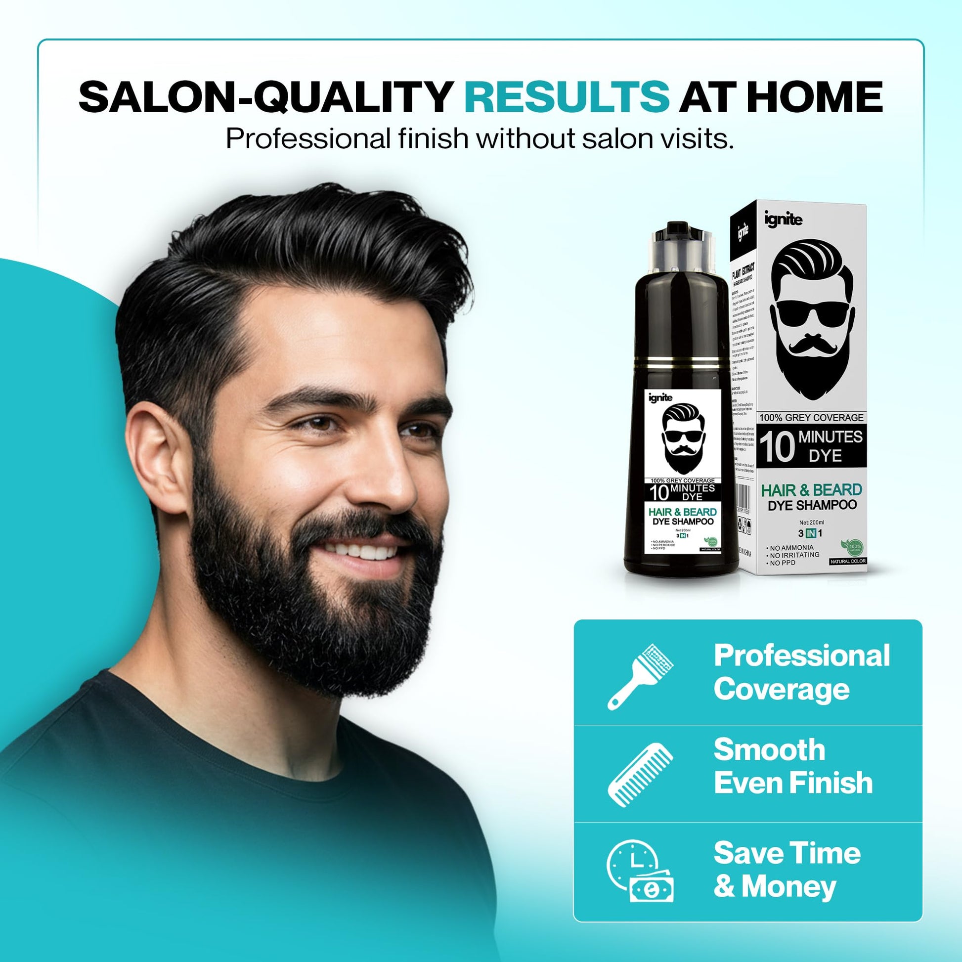 White Smoke Men’s Hair & Beard Dye color Shampoo –100% Grey Hair Coverage – Black Color Dye - Natural Color 3 in 1 Hair Beard mustache Color