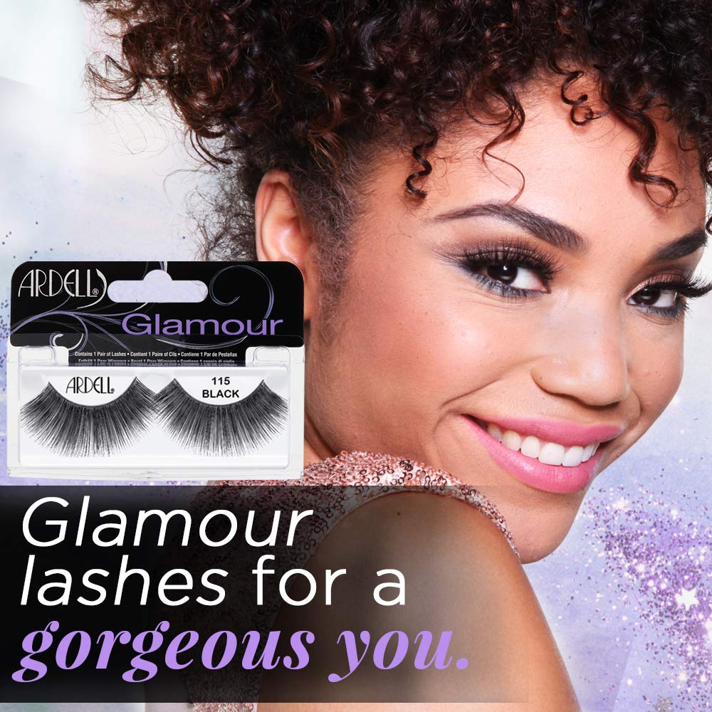 Black Ardell False Eyelashes Glamour Strip Lashes 115 - Black, Full Volume and Rounded Lash, Reusable Fake Eyelashes for Any Special Occasions, 4-Packs