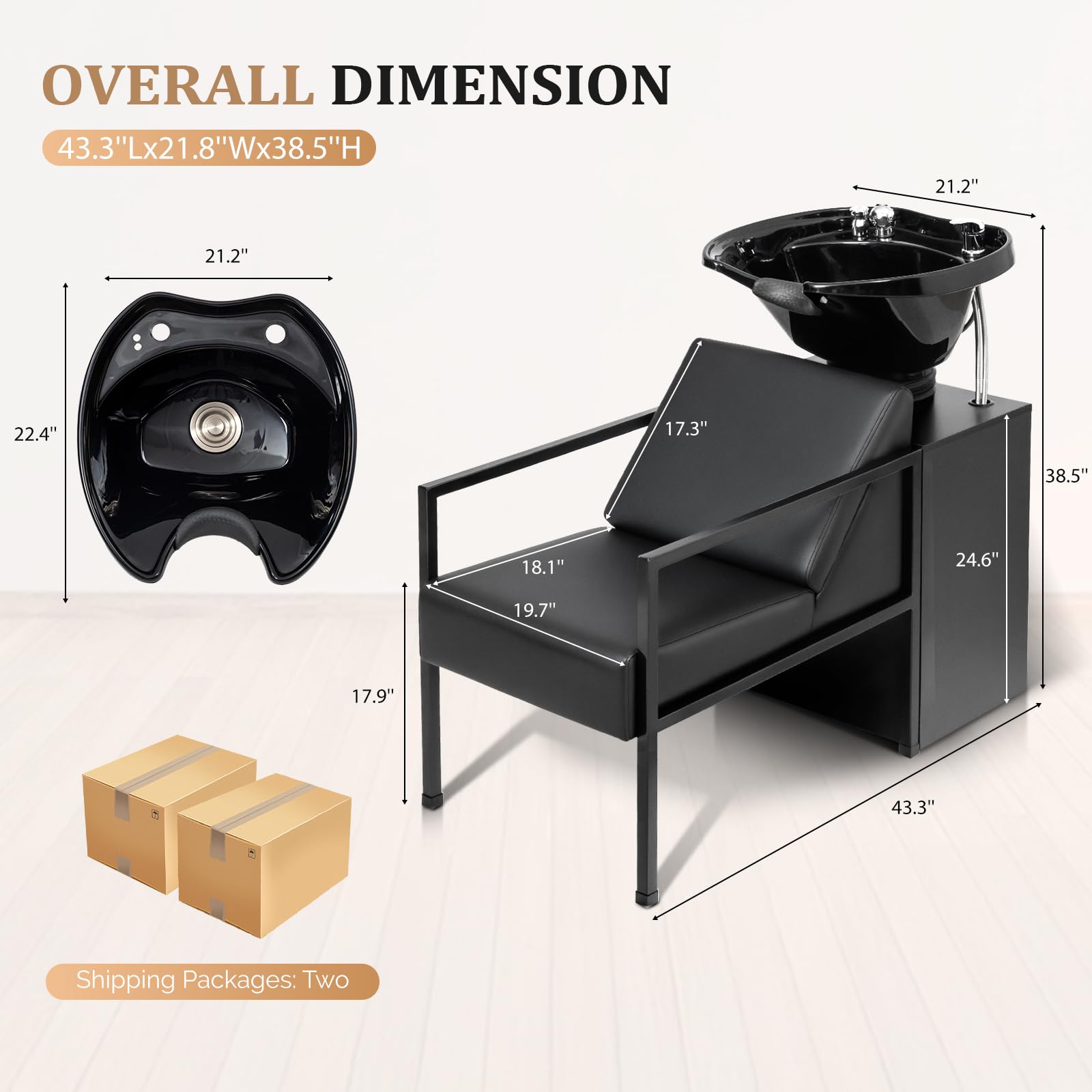 White Smoke OmySalon Salon Shampoo Bowl and Chair, Hair Washing Station w/Tilting Sink & Storage Cabinet, Backwash Barber Chair for Barbershop Beauty Spa Massage Hairdressing