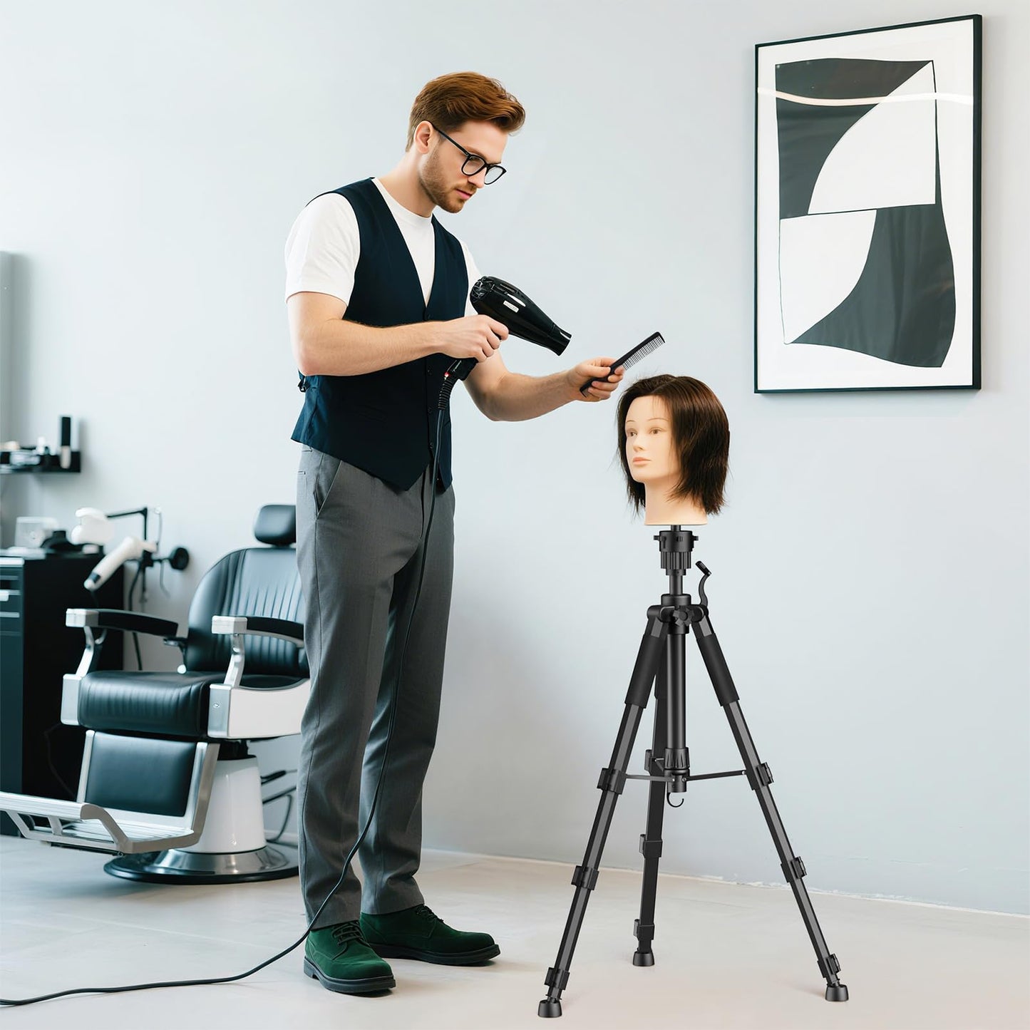 Light Gray Retbtnm Mannequin Head Stand, 54 inch Adjustable Wig Stand Tripod with Non-Slip Base, Heavy Duty Metal Mannequin Tripod Stand for Cosmetology Hairdressing