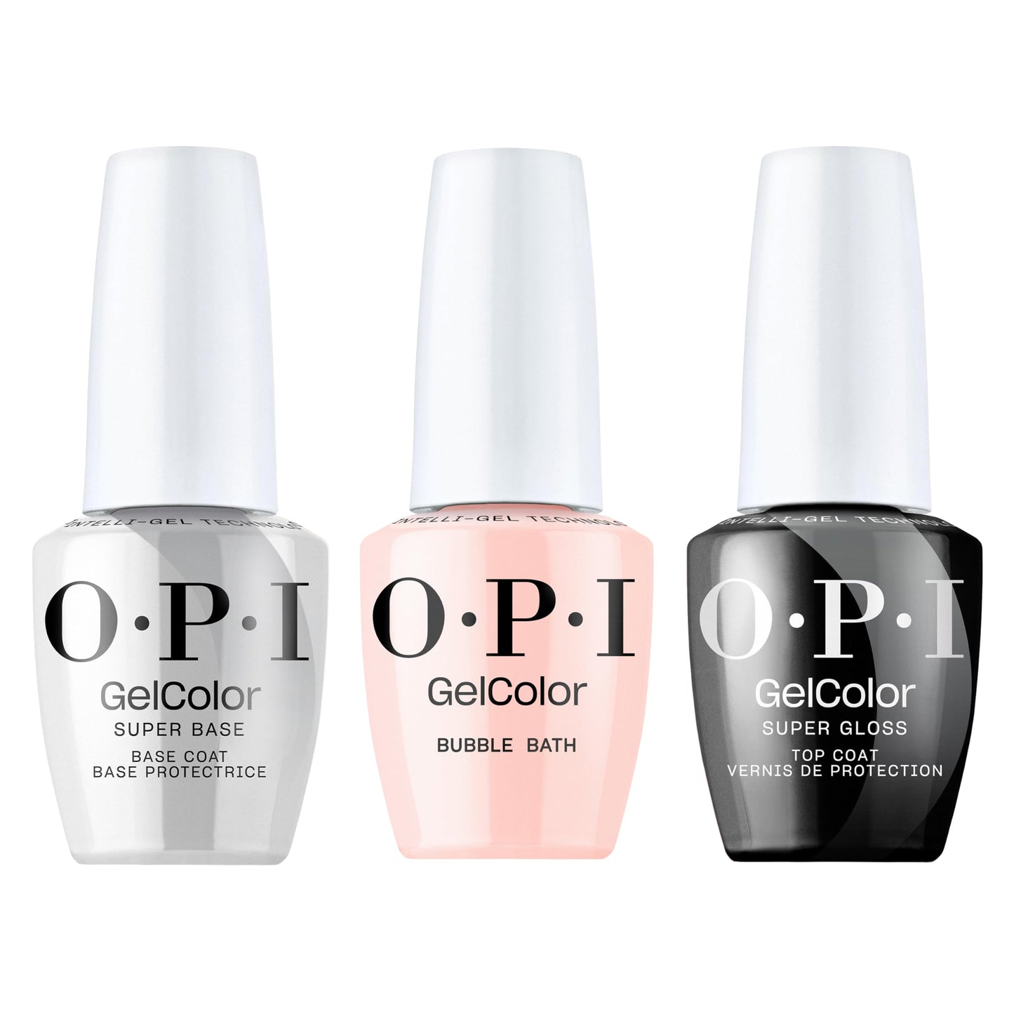 White Smoke OPI GelColor Iconic Gel Nail Polish + System Bundle | Super Base Coat + Bubble Bath, Sheer Nude Pink Crème UV Cure Gel Polish + Super Gloss Top Coat