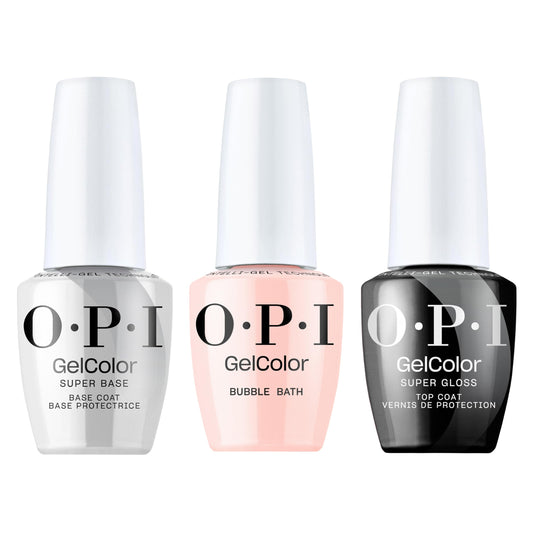 White Smoke OPI GelColor Iconic Gel Nail Polish + System Bundle | Super Base Coat + Bubble Bath, Sheer Nude Pink Crème UV Cure Gel Polish + Super Gloss Top Coat