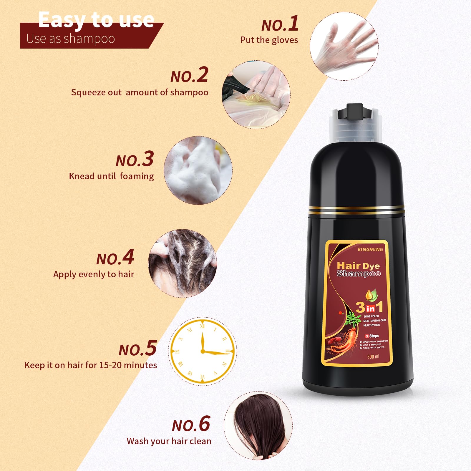 White Smoke KINGMING Dark Brown Herbal Instant Color Shampoo for Gray Hair Coverage for Women & Men - 3 in 1 Champu Con Tinte Para Canas 500ml