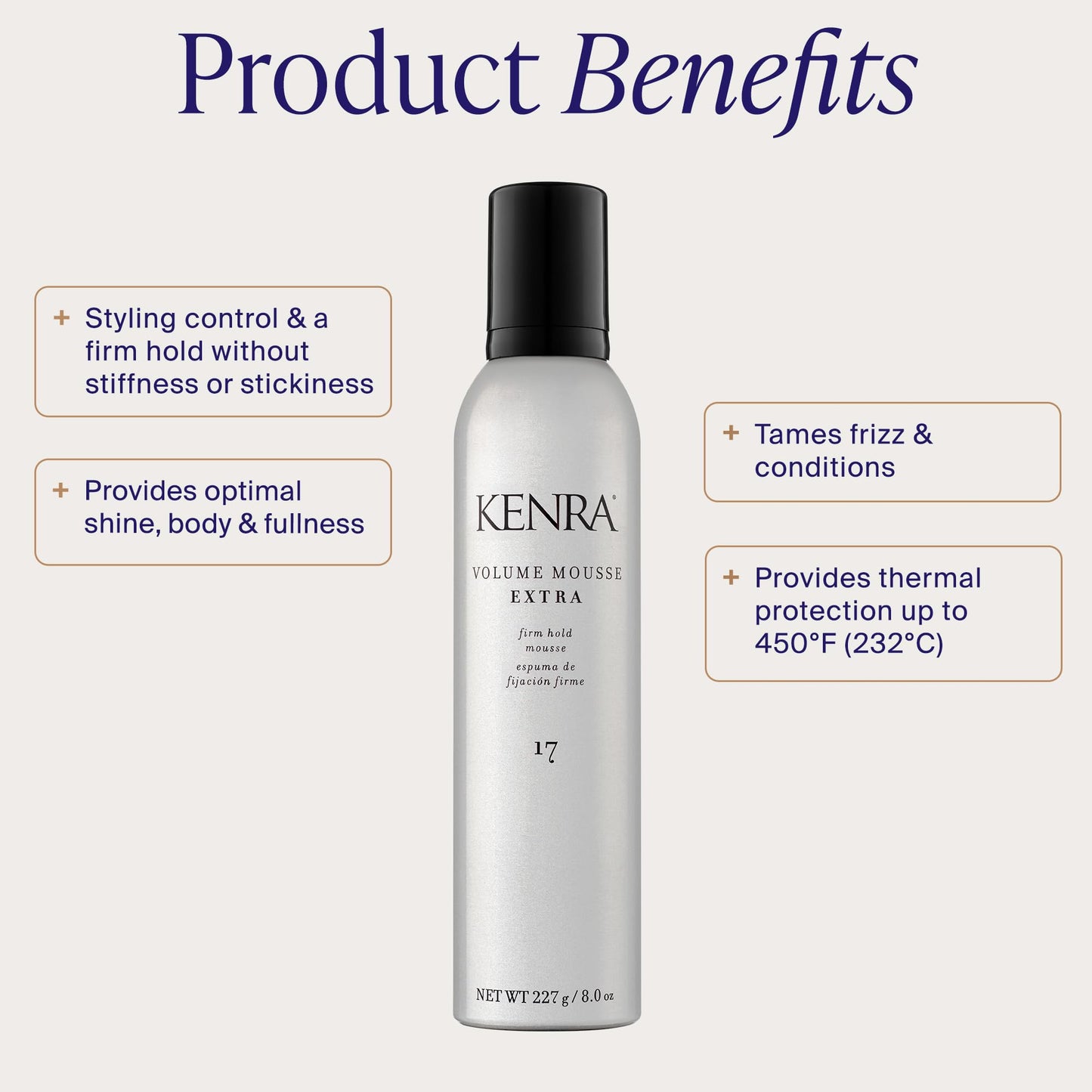 Lavender Kenra Volume Mousse Extra 17 | Firm Hold Mousse | Non-drying, Non-flaking Lightweight Formula | Tames Frizz & Conditions |Thermal Protection up to 450F| All Hair Types | 8 oz