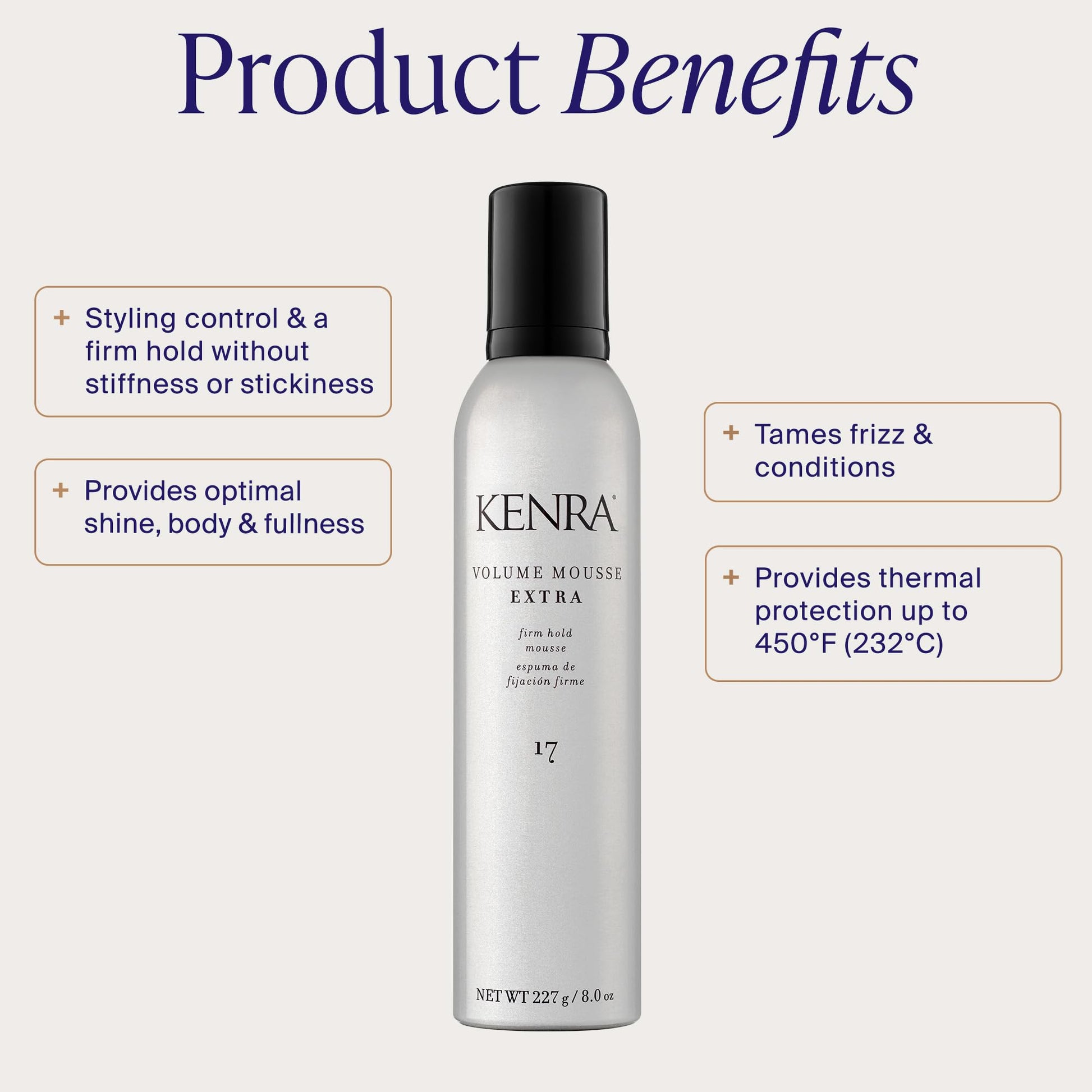 Lavender Kenra Volume Mousse Extra 17 | Firm Hold Mousse | Non-drying, Non-flaking Lightweight Formula | Tames Frizz & Conditions |Thermal Protection up to 450F| All Hair Types | 8 oz