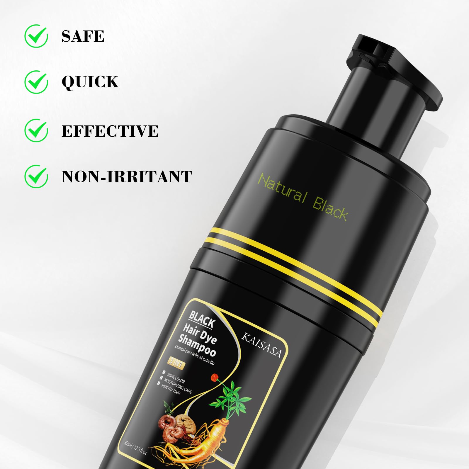 Lavender KAISASA Black Hair Dye Shampoo 3 in 1, Hair Color Shampoo for Cover Grey Hair, Natural with Herbal Ingredient for Men and Women (Black)