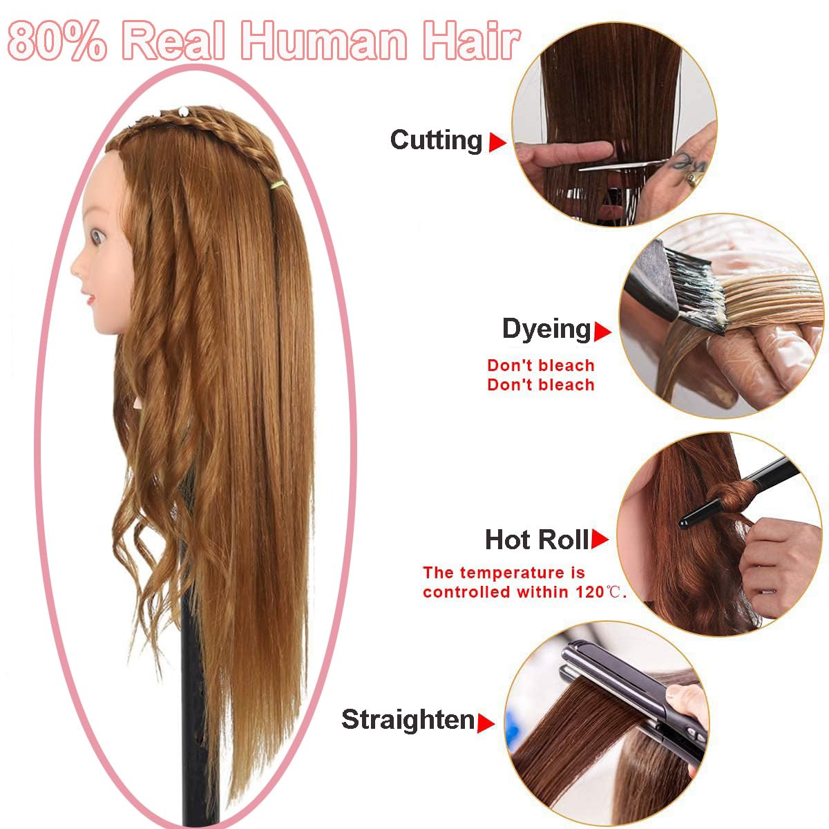 White Smoke Mannequin Head with 80% Human Hair, 28'' Doll Head for Cosmetology & Hairdresser, Real Hair Cosmetology Makeup Hairdressing Training Head