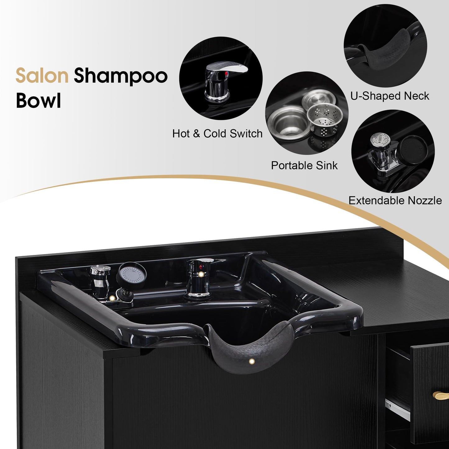 Black BarberPub Shampoo Cabinet with Sink, Modern Salon Backwash Station with Bowl, Neck Rest, 2 Drawers, Storage Shelf,Hot & Cold Control 7135 (Black)