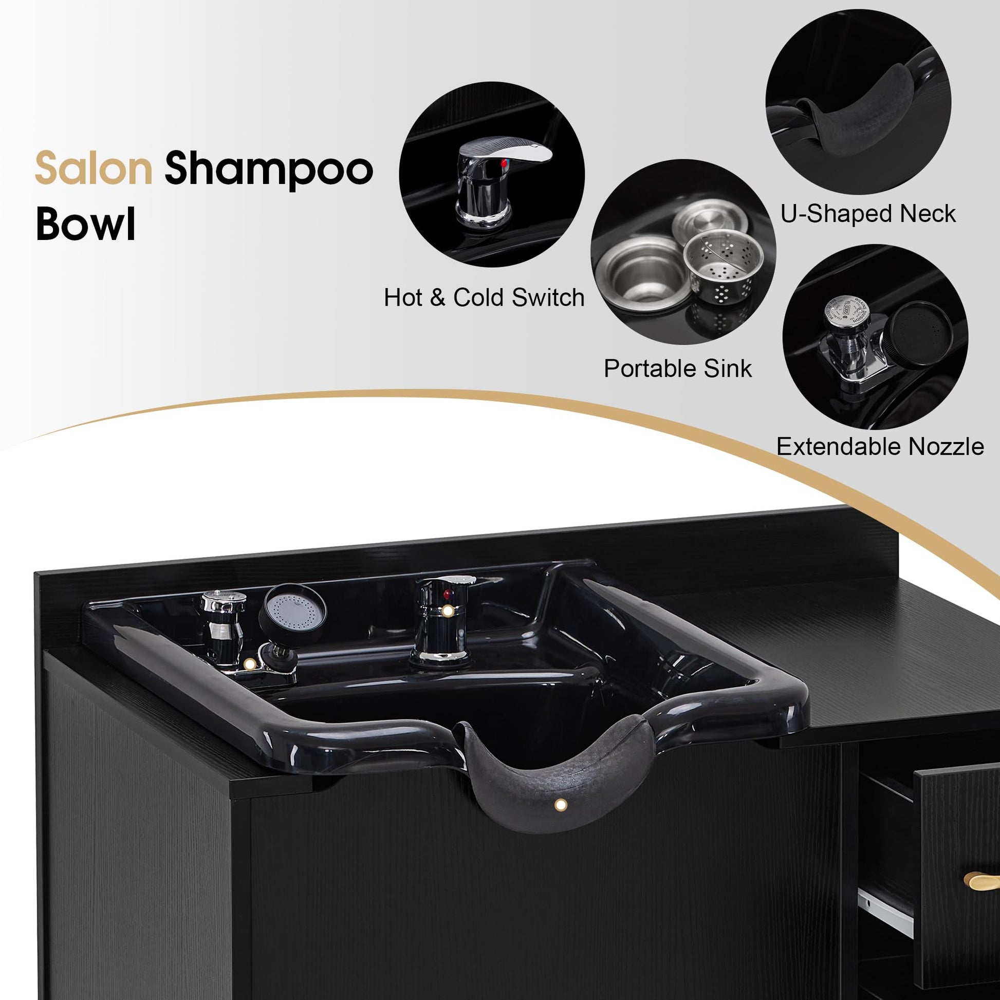 Black BarberPub Shampoo Cabinet with Sink, Modern Salon Backwash Station with Bowl, Neck Rest, 2 Drawers, Storage Shelf,Hot & Cold Control 7135 (Black)
