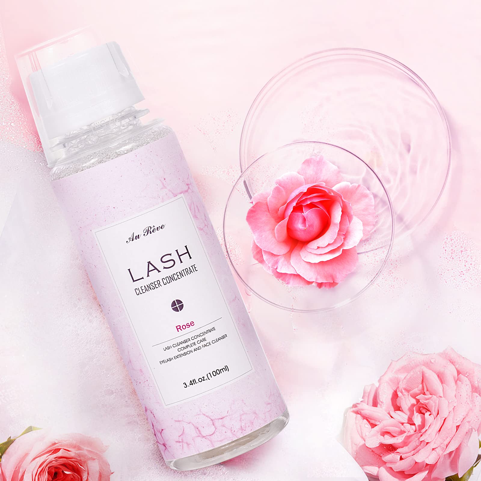 Misty Rose AuReve Eyelash Cleanser Concentrate 100ml Lash Extension Shampoo Oil-Free Eyelash Extension Shampoo with Salon Home Care -Makes 20 Bottles 60ml Lash Shampoo, Rose