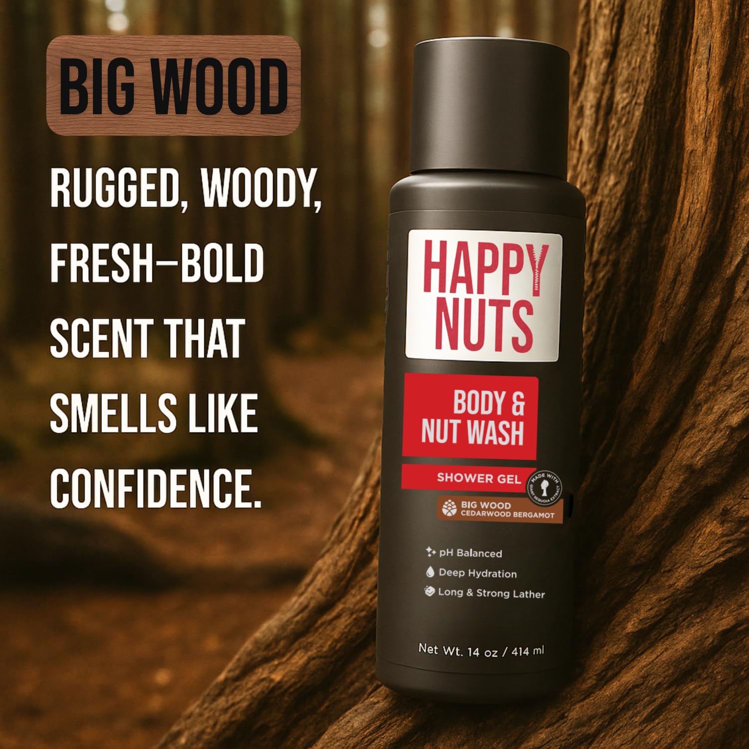 Black HAPPY NUTS Big Wood Body and Nut Wash - Moisturizing Men's Shower Gel, Bodywash with Deep Cleanse for Sensitive Skin - Men's Body Soap