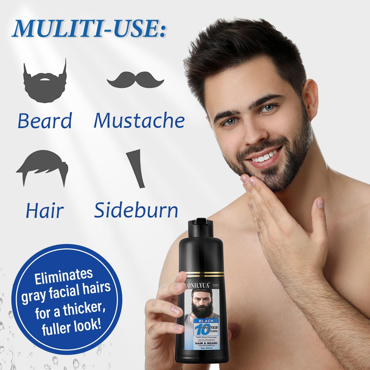 Lavender Men's 3-in-1 Black Beard & Hair Dye Shampoo, Instant Grey Darkening Beard Color Shampoo in 10 Minutes, Simpler Gray Reducing Mustache & Beard Dye for Men, with Plant Extract for Healthy Facial Hair