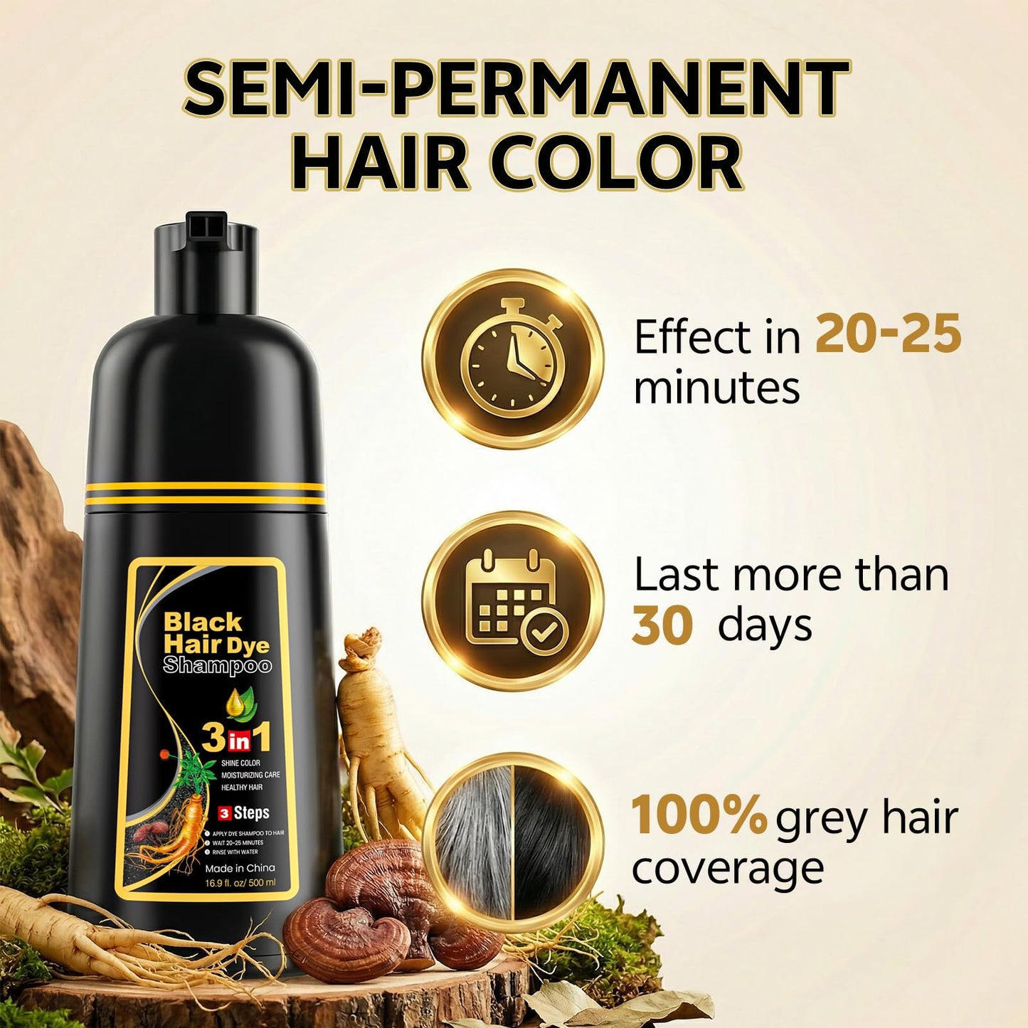 Seashell JUANCHI Black Hair Dye Shampoo 3 in1, Black Shampoo Hair Dye for Gray Coverage, Natural Hair Color for Women Men, Herbal Formula, Ammonia-free