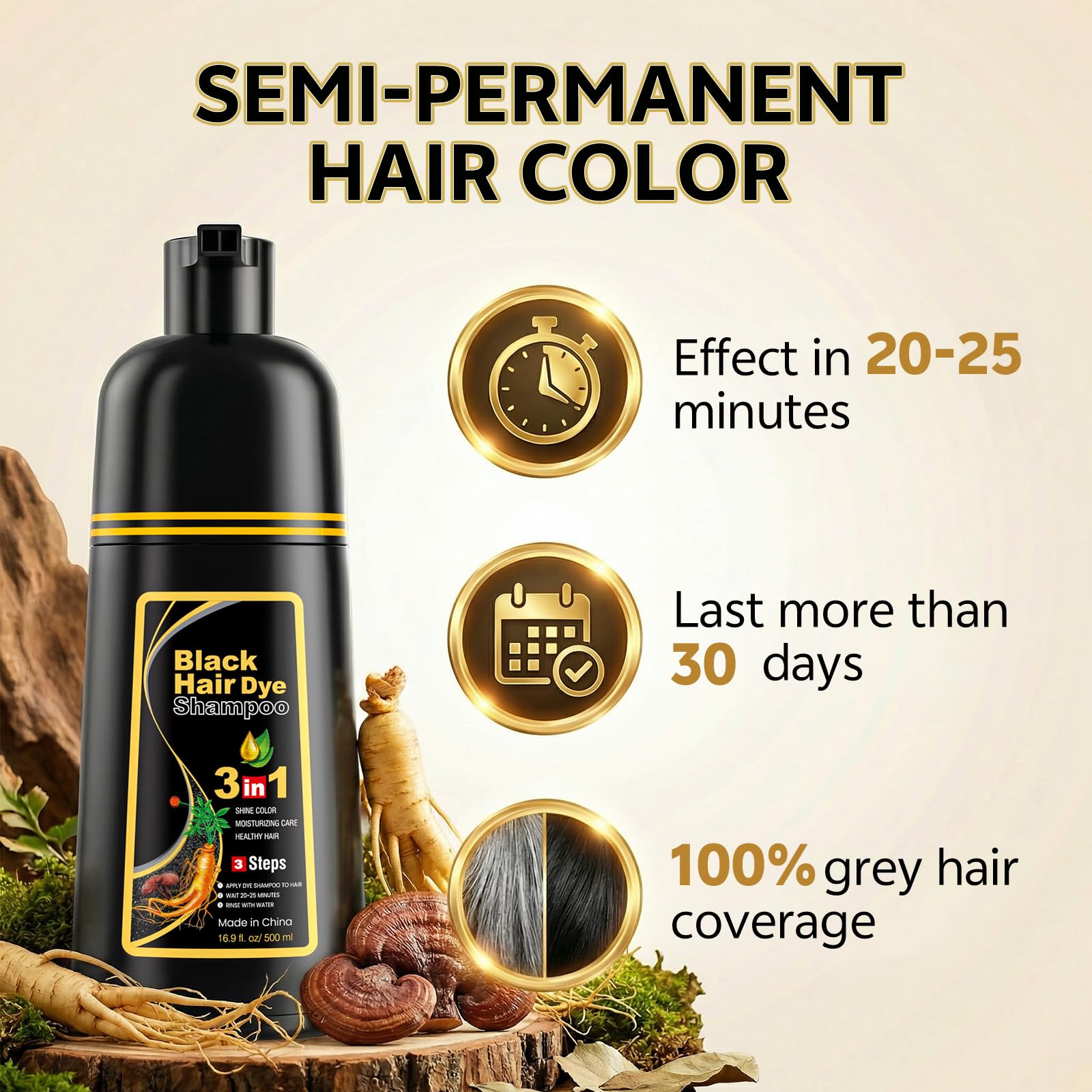 Seashell JUANCHI Black Hair Dye Shampoo 3 in1, Black Shampoo Hair Dye for Gray Coverage, Natural Hair Color for Women Men, Herbal Formula, Ammonia-free