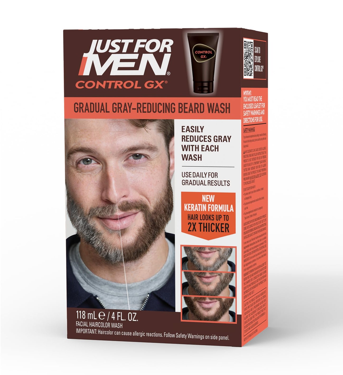 White Smoke Just for Men Control GX Grey Reducing Beard Wash Shampoo with Keratin, Gradually Colors Mustache and Beard, Leaves Facial Hair Thicker Softer and Fuller, 4 Fl Oz - Pack of 1 (Packaging May Vary)