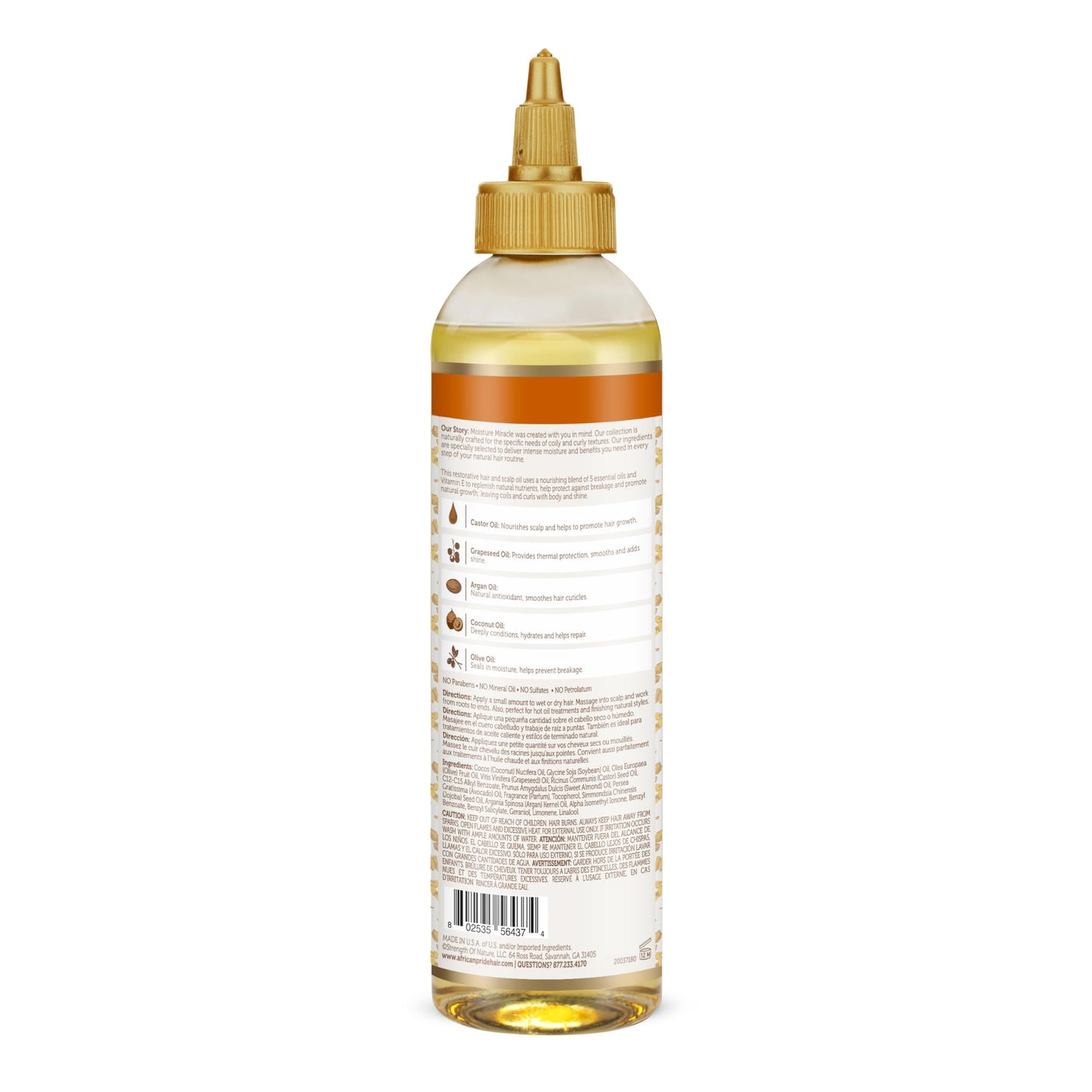 White Smoke African Pride Moisture Miracle 5 Essential Hair Oils with Vitamin E | Moisture, Shine, Protection, and Growth | Argan, Castor, Grapeseed, Coconut, and Olive Oil | 8 oz