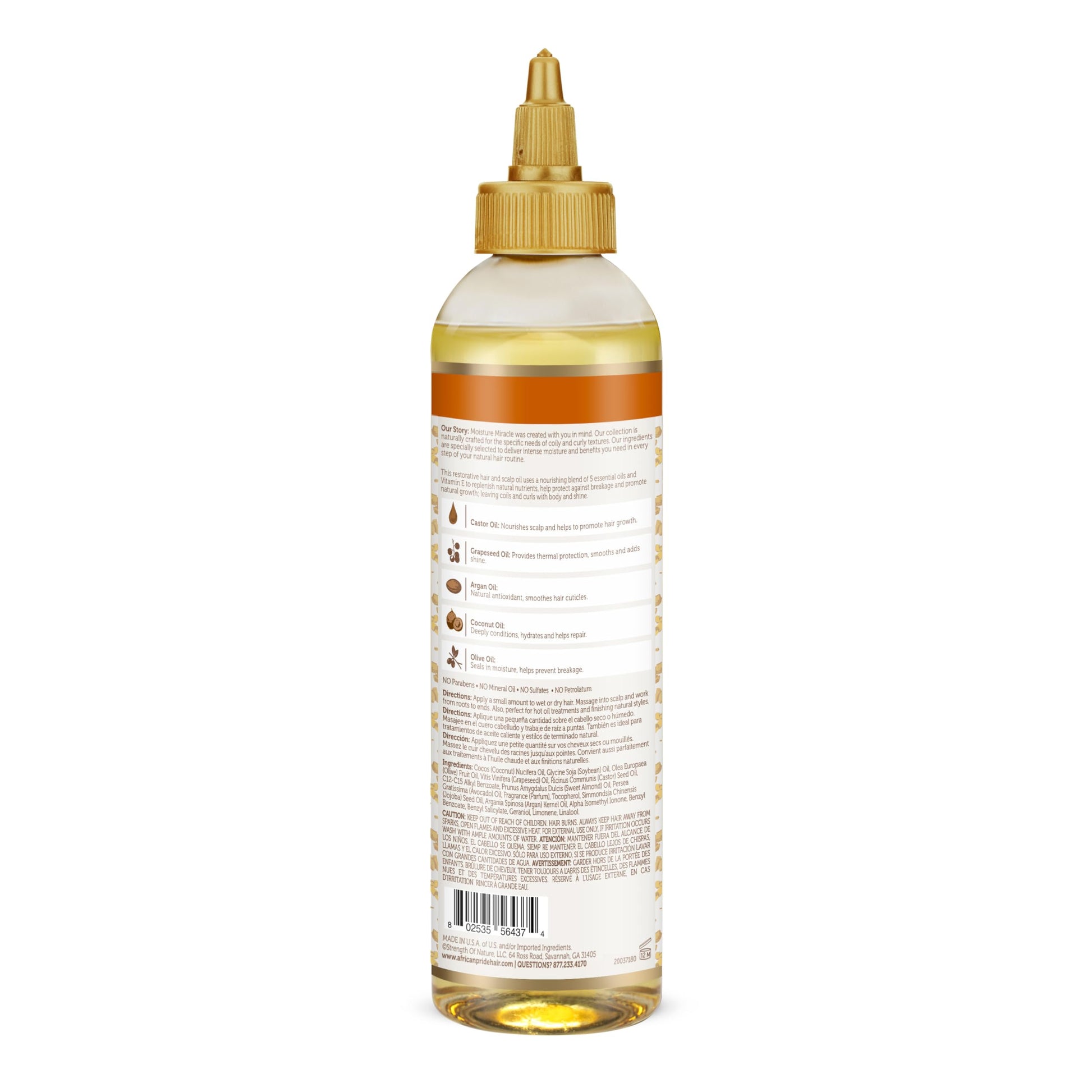 White Smoke African Pride Moisture Miracle 5 Essential Hair Oils with Vitamin E | Moisture, Shine, Protection, and Growth | Argan, Castor, Grapeseed, Coconut, and Olive Oil | 8 oz