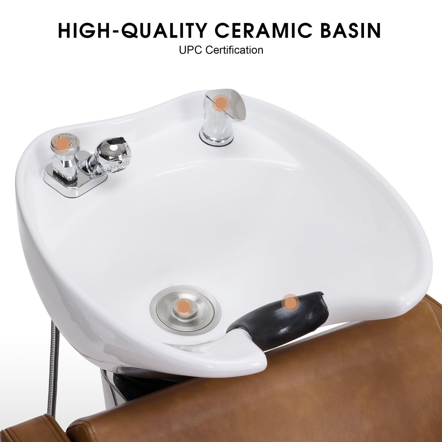 White Smoke BarberPub Backwash Shampoo Station Chair, Adjustable Porcelain Ceramic Hair Wash Bowl Sink Unit Station, Reclining Shampoo Station Chair for Spa Beauty Salon Hair Salon Equipment 9303 (Brown)