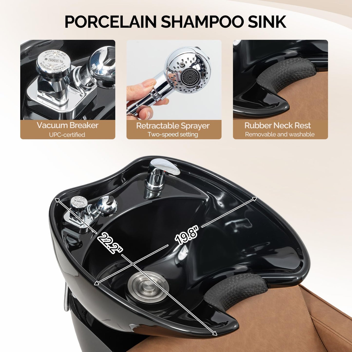 White Smoke OmySalon Backwash Shampoo Unit for Salon, Hair Washing Station with Ceramic Bowl Adjustable Footrest, Reclining Shampoo Chair for Beauty Spa Barbershop