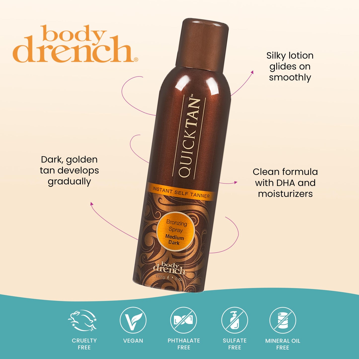 Antique White Body Drench QuickTan Instant Self Tanner Bronzing Spray, Salon-Quality Medium/Dark Tan, Streak-Free, Tinted Formula, 6 oz, 1-pack