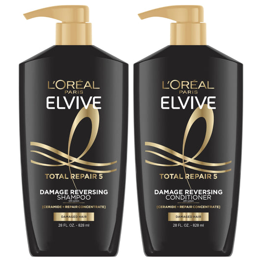 White Smoke L'Oreal Paris Elvive Total Repair 5 Repairing Shampoo and Conditioner for Damaged Hair, 28 Ounce (Set of 2)