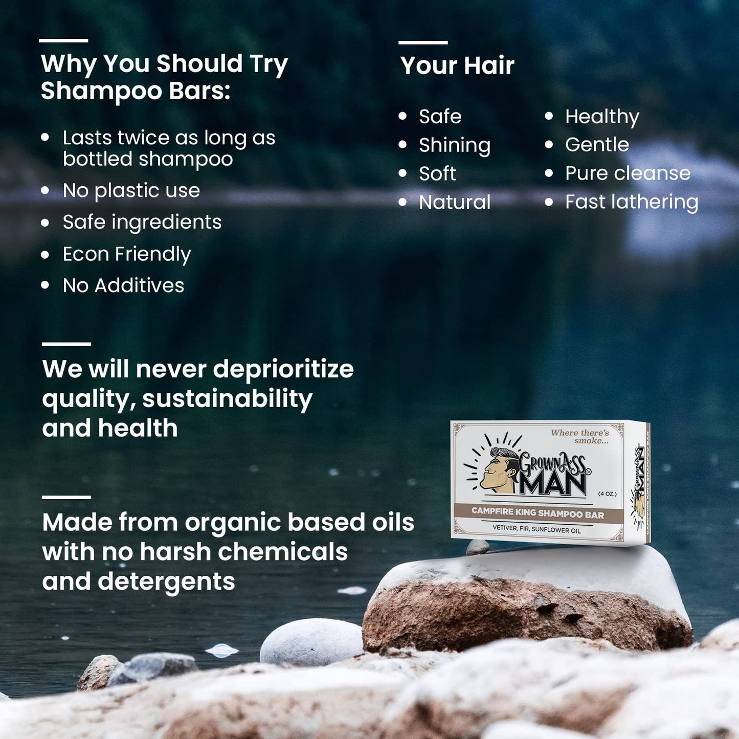 Black Grown Ass Man Co. - Solid Shampoo Bar Rich Lather 3 in 1: Hair, Beard & Body Wash - Plastic Free & Eco-Friendly, Natural & Organic Clean for All Hair Types, 4oz Bar (Campfire King, Single)
