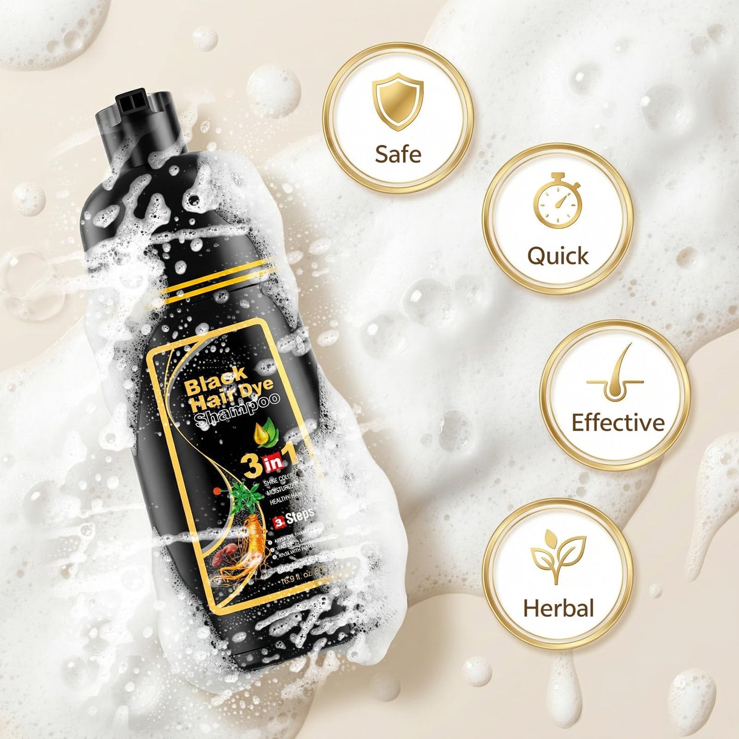 Antique White JUANCHI Black Hair Dye Shampoo 3 in1, Black Shampoo Hair Dye for Gray Coverage, Natural Hair Color for Women Men, Herbal Formula, Ammonia-free