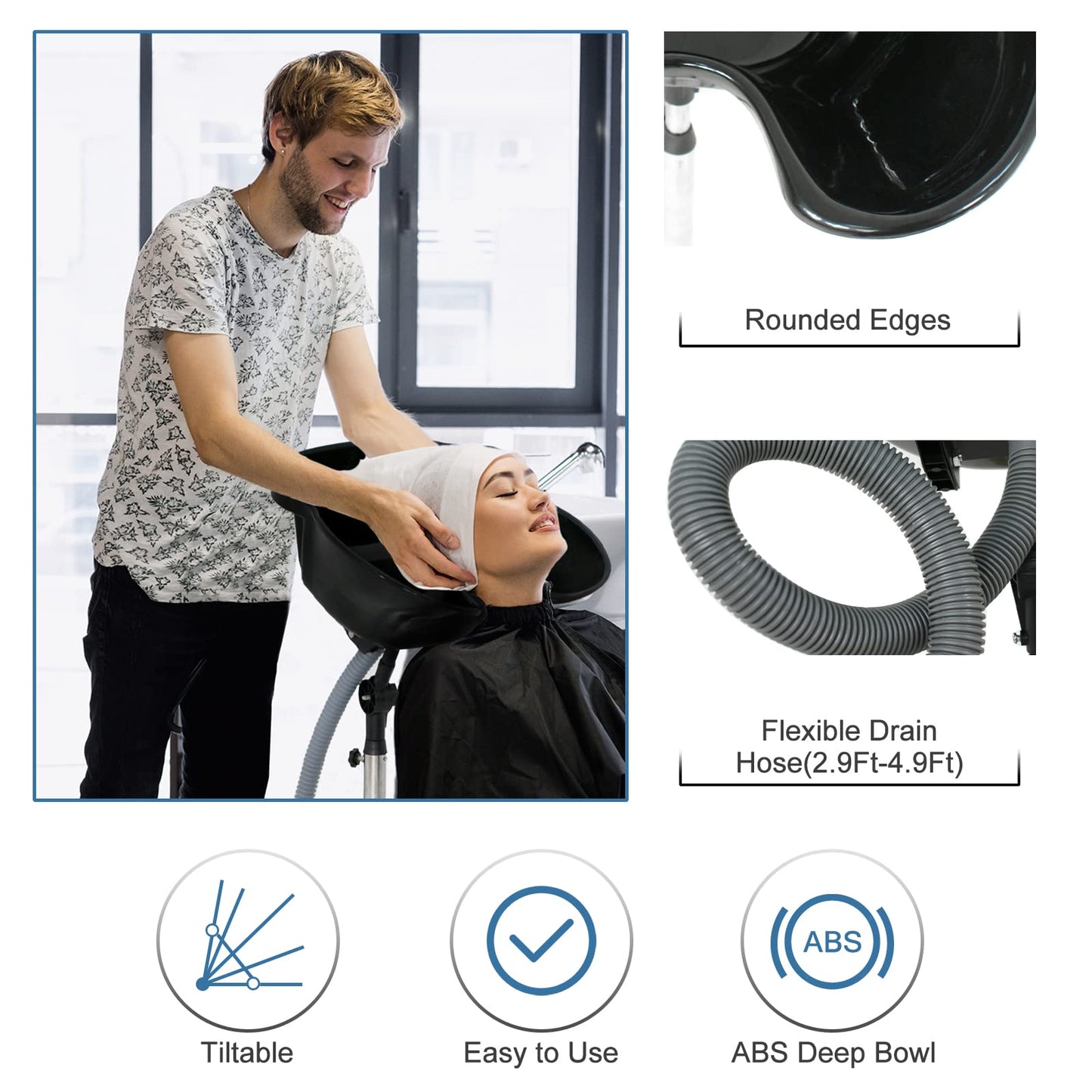 White Smoke Height Adjustable Portable Salon Deep Shampoo Basin Sink Hair Treatment Bowl with Drain Hose Black