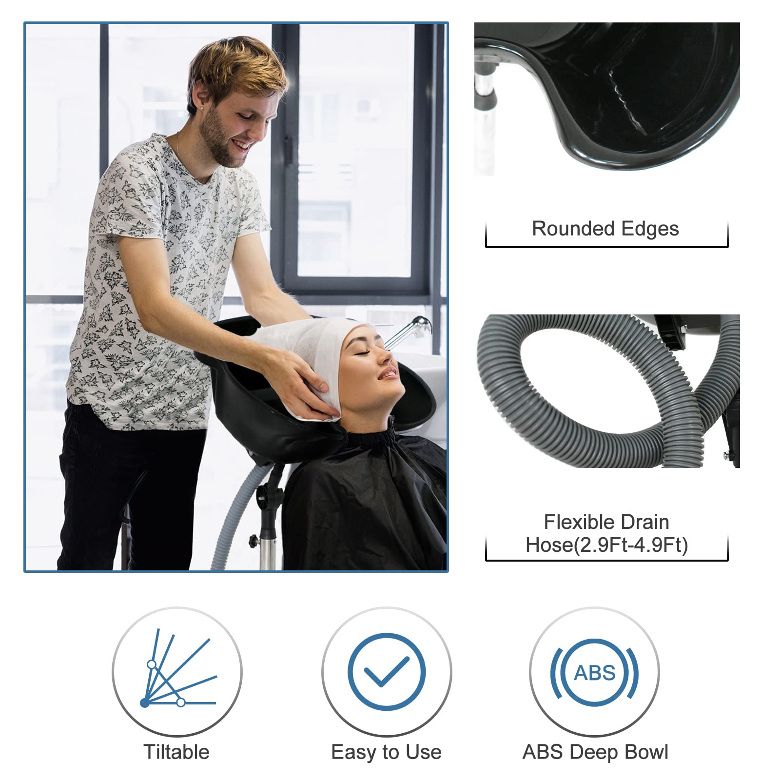 White Smoke Height Adjustable Portable Salon Deep Shampoo Basin Sink Hair Treatment Bowl with Drain Hose Black