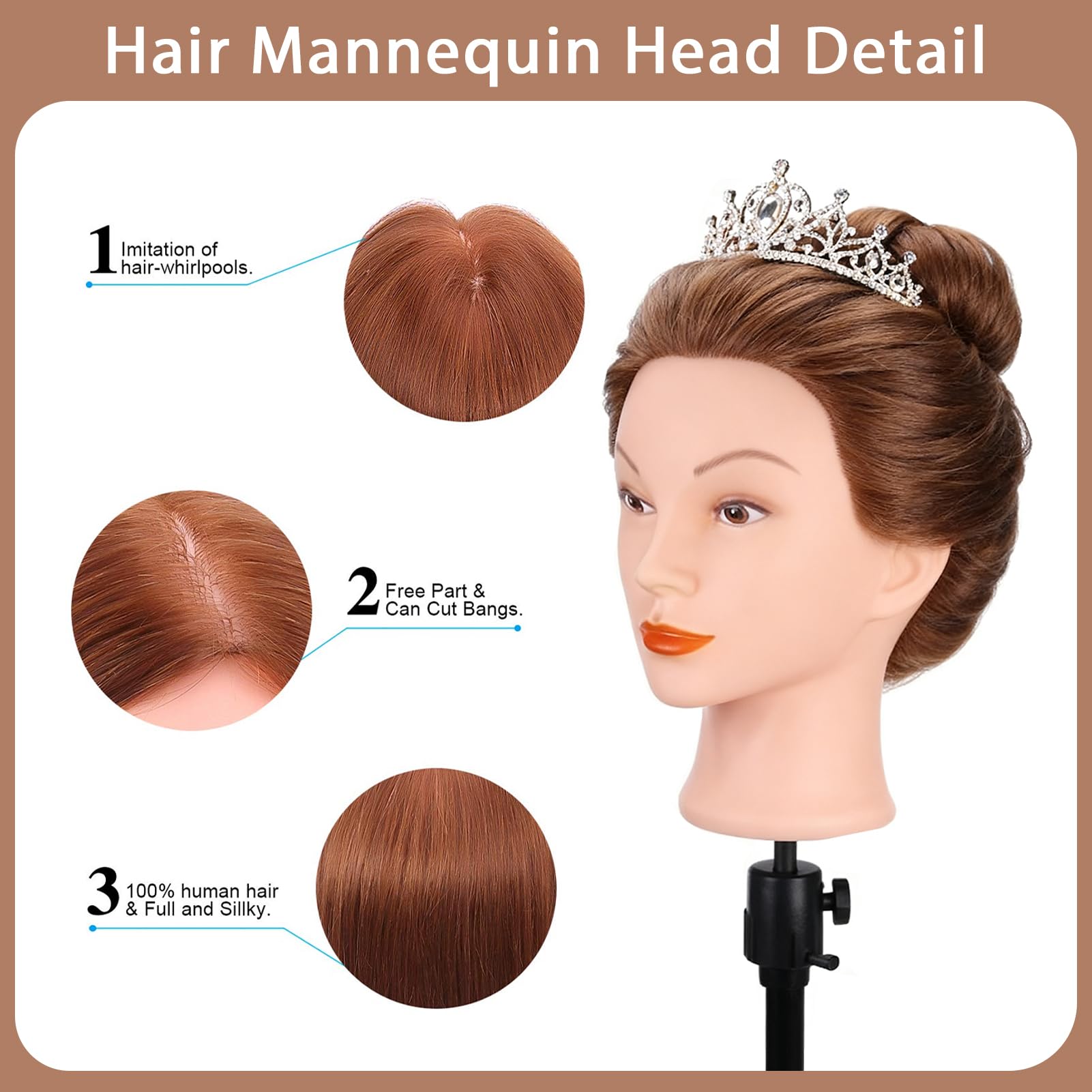 White Smoke Mannequin Head with 100% Human Hair, TopDirect Real Hair Cosmetology Mannequin Head Hair Styling Hairdressing Practice Training Doll Head with Clamp Holder and Tools (Dark Brown)