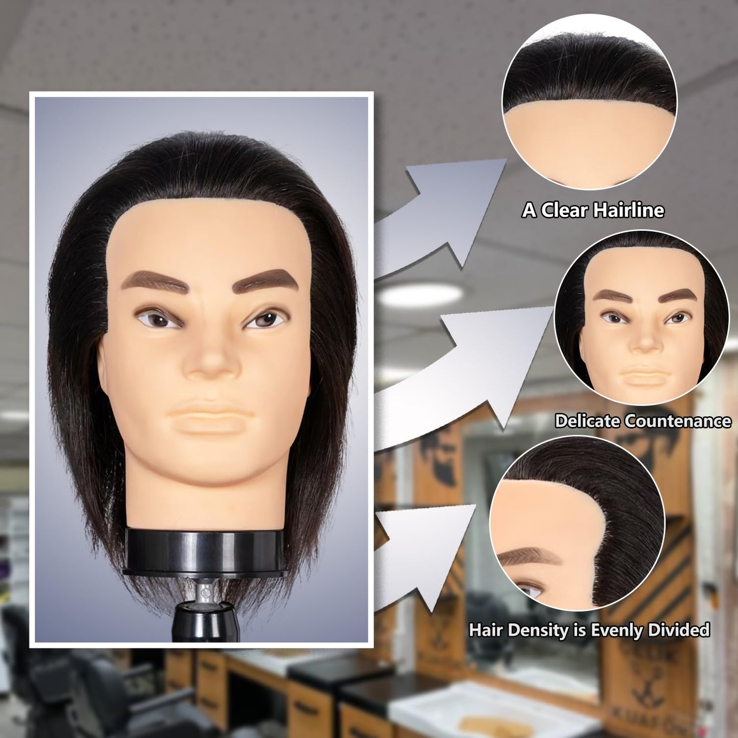 Dim Gray Male Mannequin Head with Beard 100% Real Human Hair Haircut Training Head for Cosmetology Manikin Head Doll Head with Stand Practice Cutting Styling,Barber Shop,Cosmetology School
