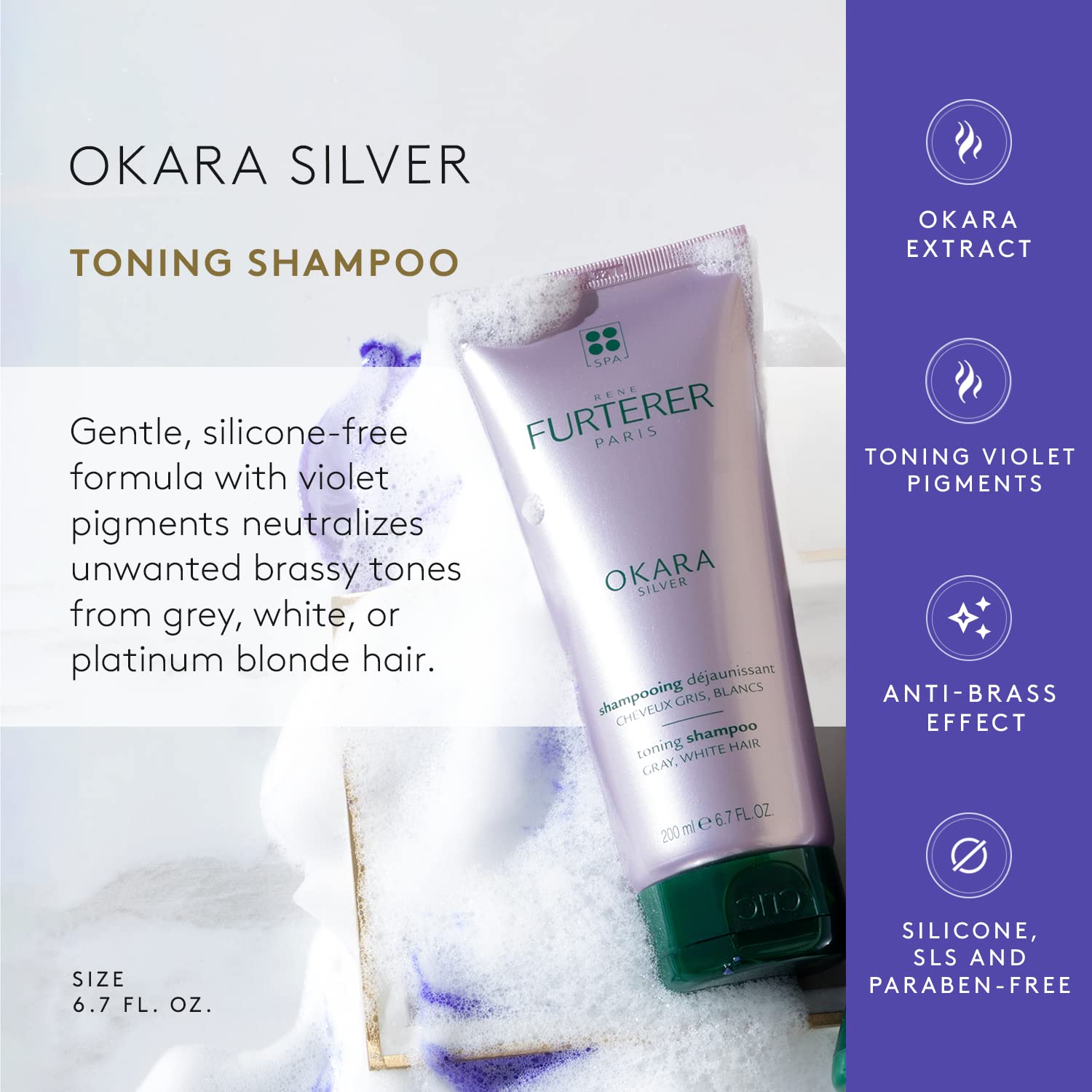 Lavender Rene Furterer OKARA SILVER Toning Shampoo, Purple Shampoo for Blonde, White, Grey, Silver, Pastel Hair, 6.7 oz.